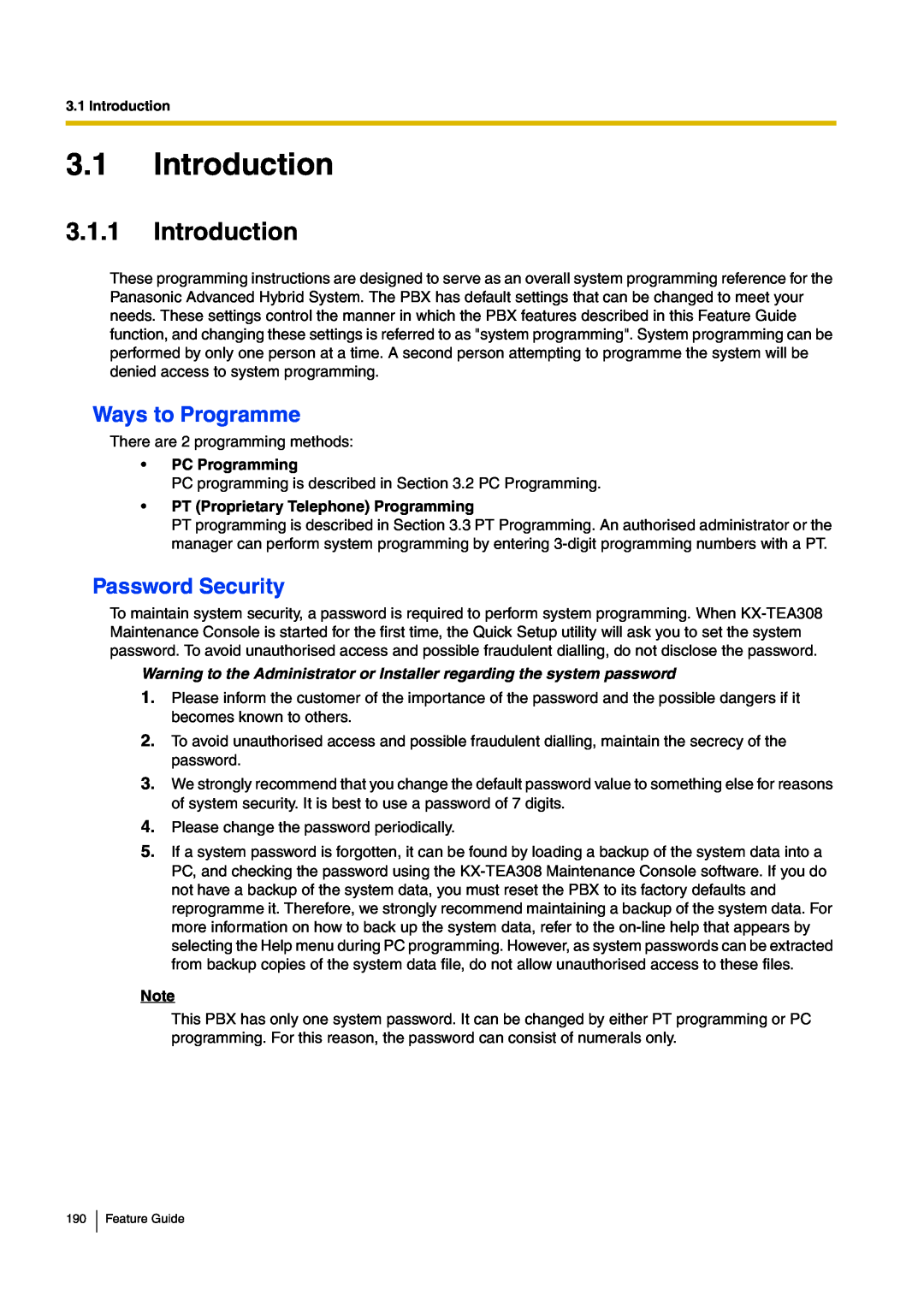 Panasonic kx-tea308 manual 3.1Introduction, 3.1.1Introduction, Ways to Programme, Password Security, •PC Programming 
