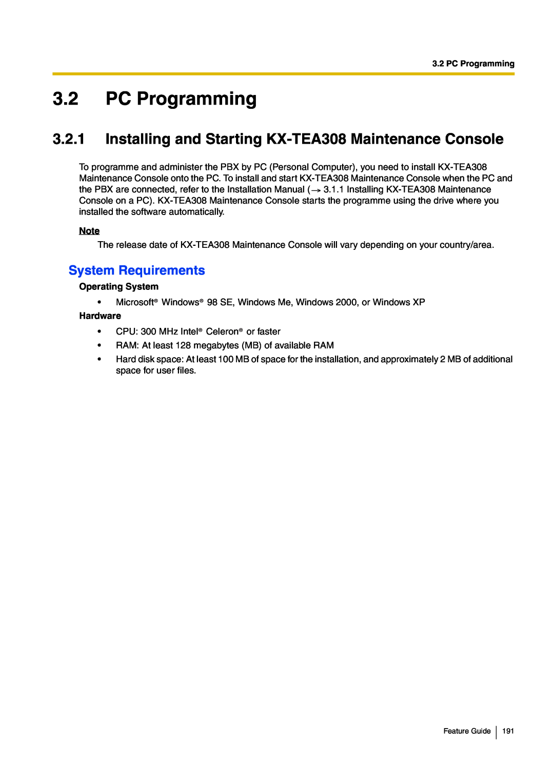Panasonic kx-tea308 manual 3.2PC Programming, System Requirements, Operating System, Hardware 