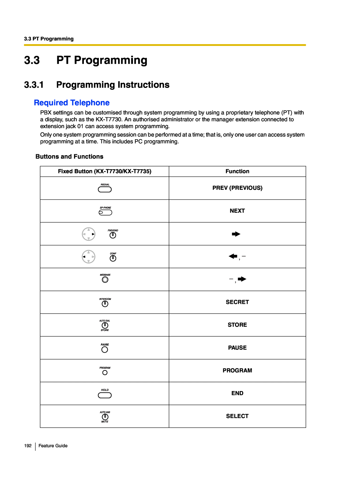 Panasonic kx-tea308 3.3PT Programming, 3.3.1Programming Instructions, Required Telephone, Fixed Button KX-T7730/KX-T7735 