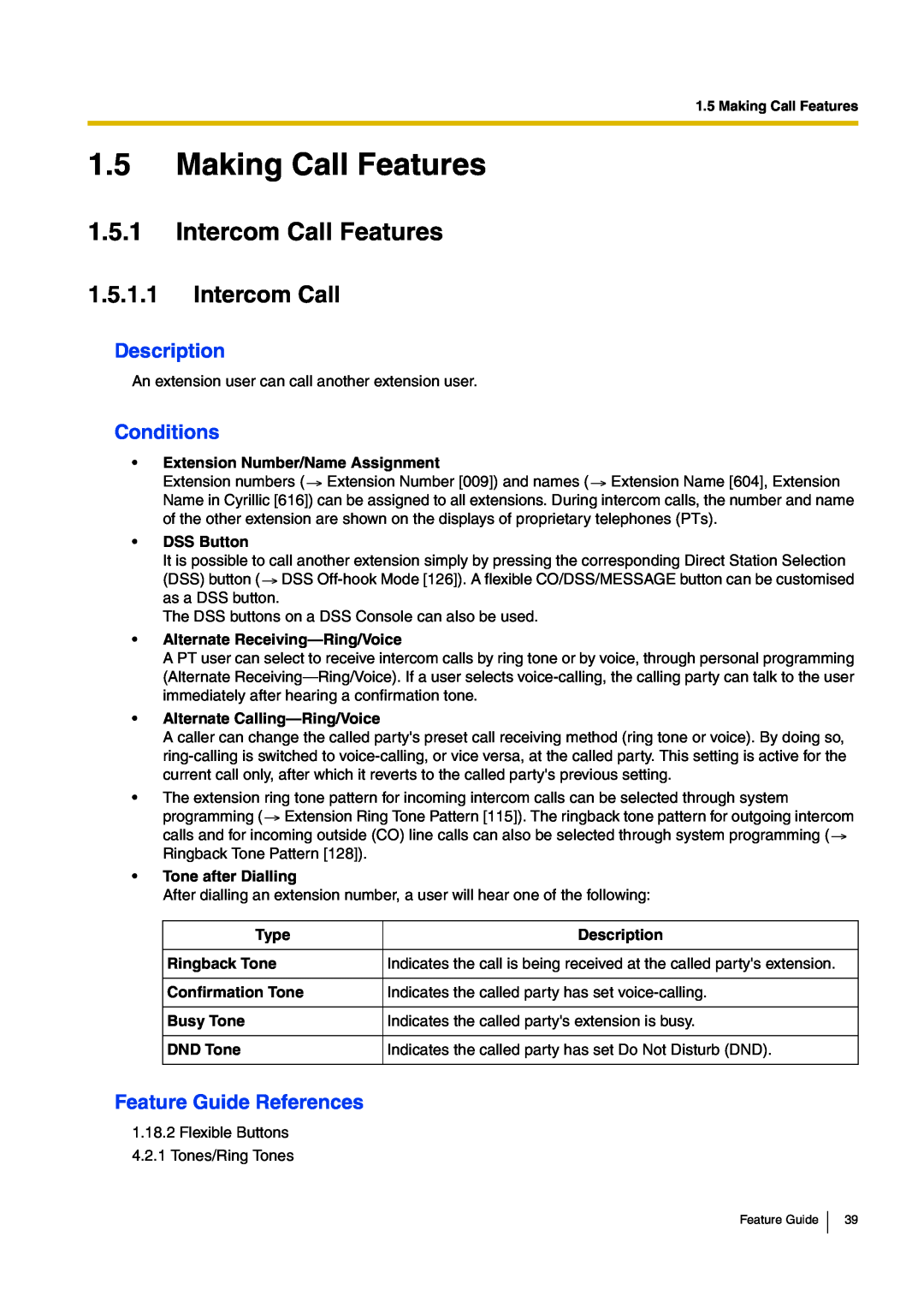 Panasonic kx-tea308 1.5Making Call Features, 1.5.1Intercom Call Features, 1.5.1.1Intercom Call, Description, Conditions 
