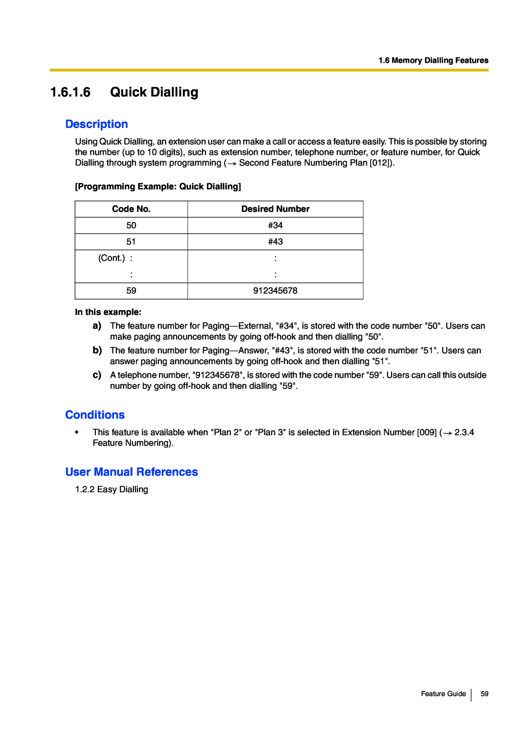 Panasonic kx-tea308 manual 1.6.1.6Quick Dialling, Description, Conditions, Programming Example: Quick Dialling, Code No 