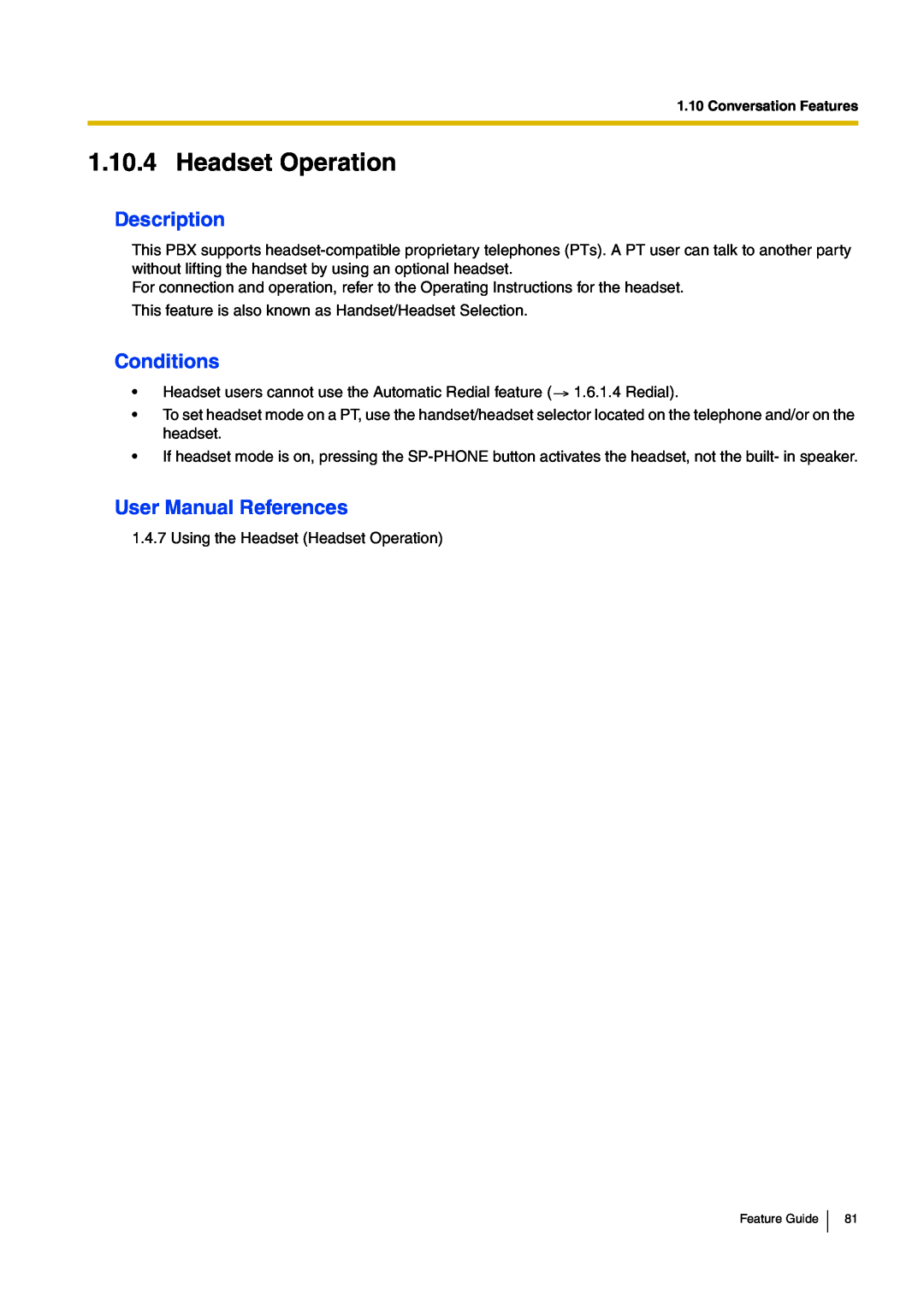 Panasonic kx-tea308 manual Headset Operation, Description, Conditions, User Manual References 
