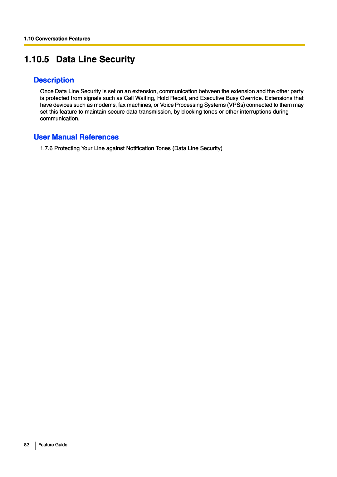 Panasonic kx-tea308 manual Data Line Security, Description, User Manual References, Feature Guide 