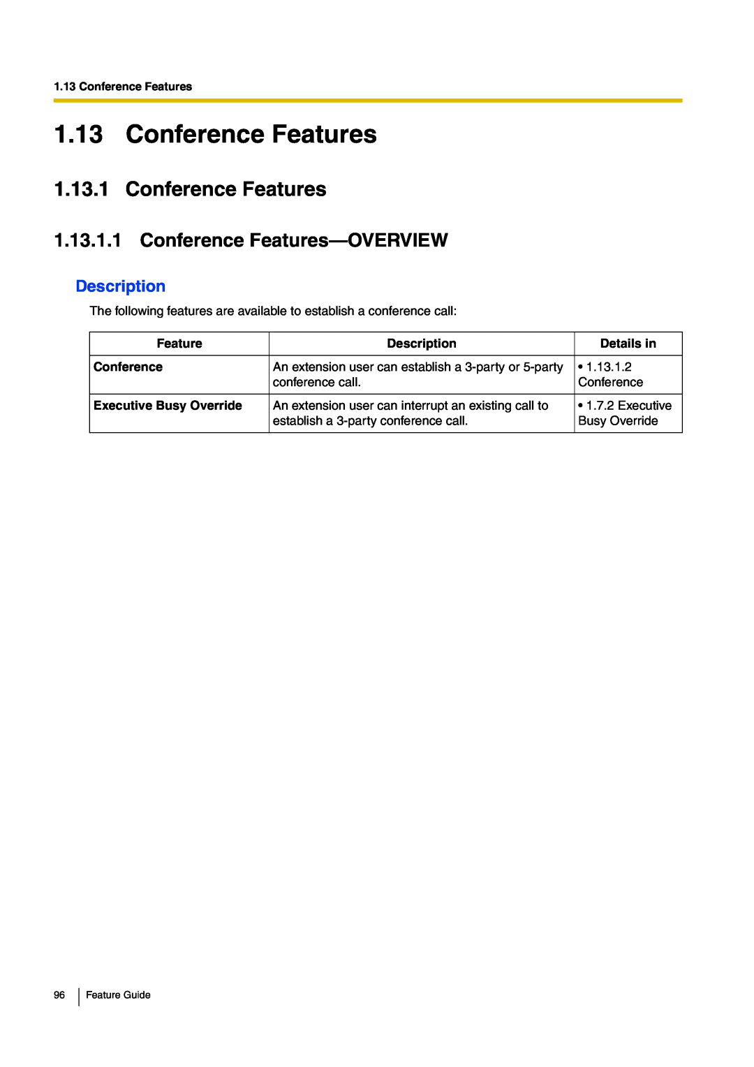 Panasonic kx-tea308 manual Conference Features—OVERVIEW, Description, Details in, Executive Busy Override 