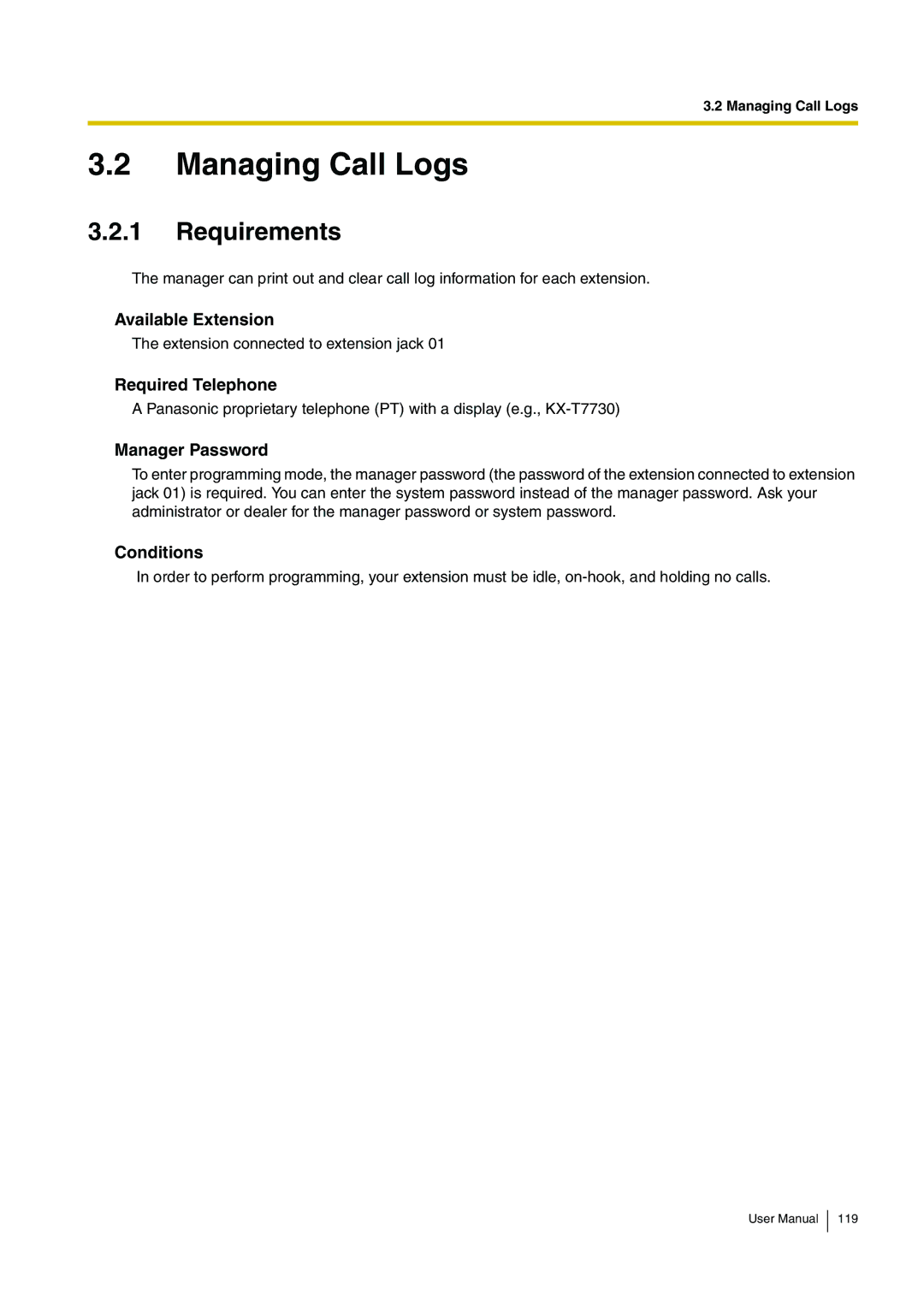 Panasonic KX-TEB308 user manual Managing Call Logs, Requirements 