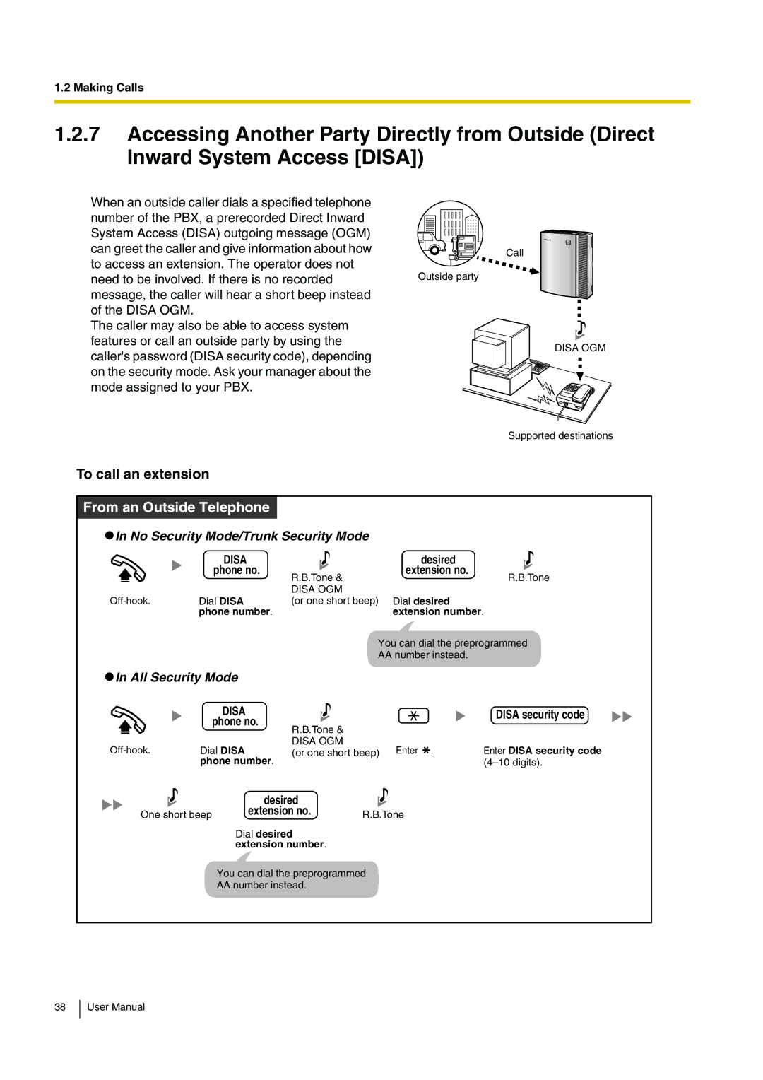 Panasonic KX-TEB308 user manual To call an extension, Disa security code 