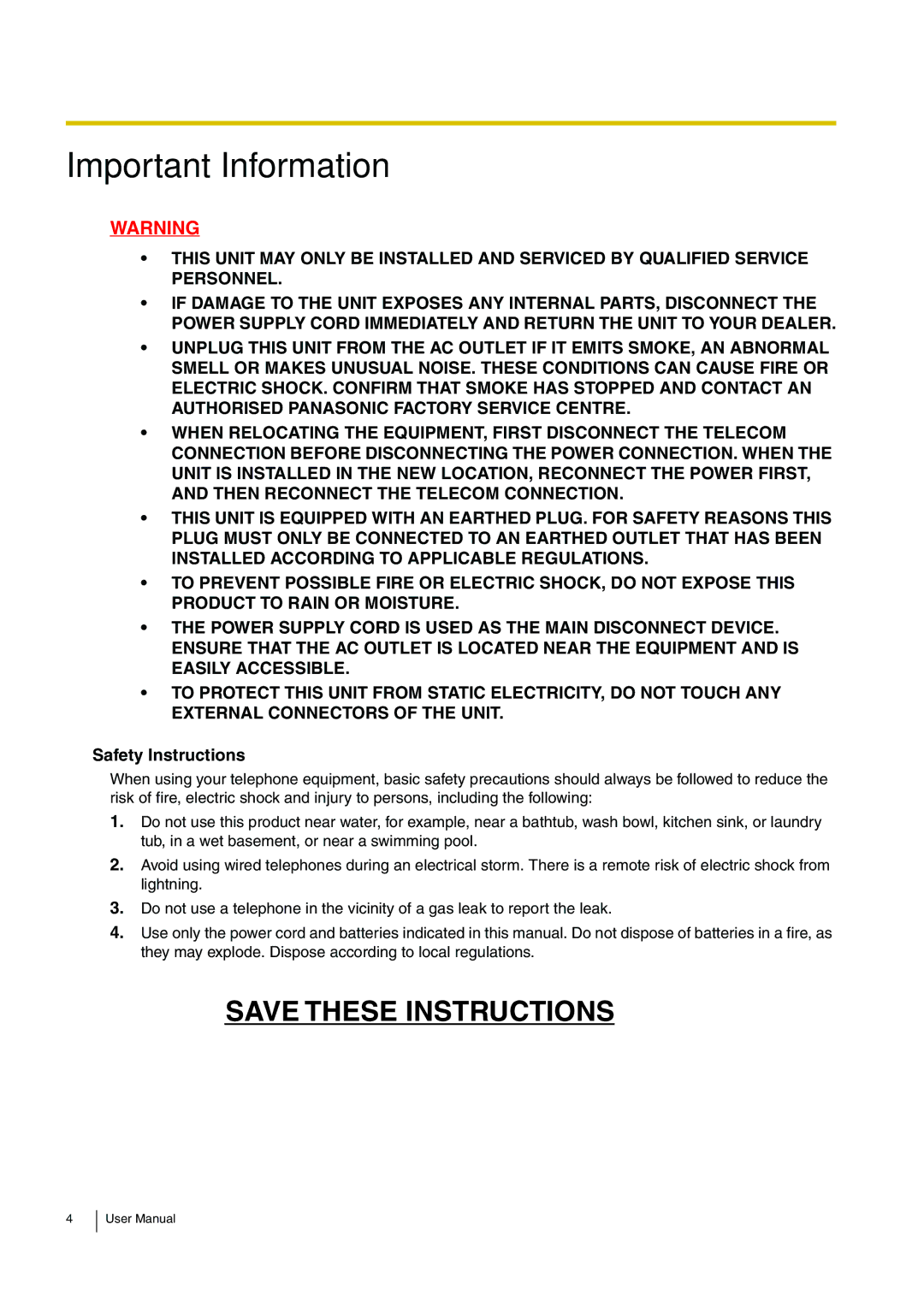 Panasonic KX-TEB308 user manual Important Information, Safety Instructions 