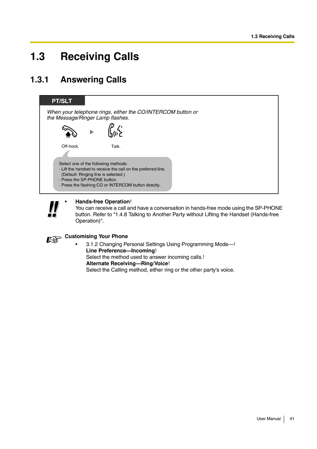 Panasonic KX-TEB308 user manual Receiving Calls, Answering Calls, Line Preference-Incoming, Alternate Receiving-Ring/Voice 