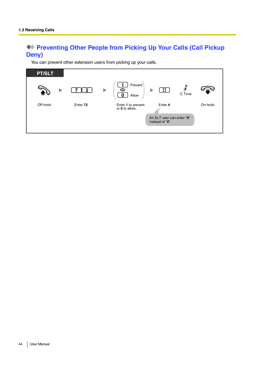 Panasonic KX-TEB308 user manual Prevent Allow Tone Off-hook Enter Enter 1 to prevent Enter # 