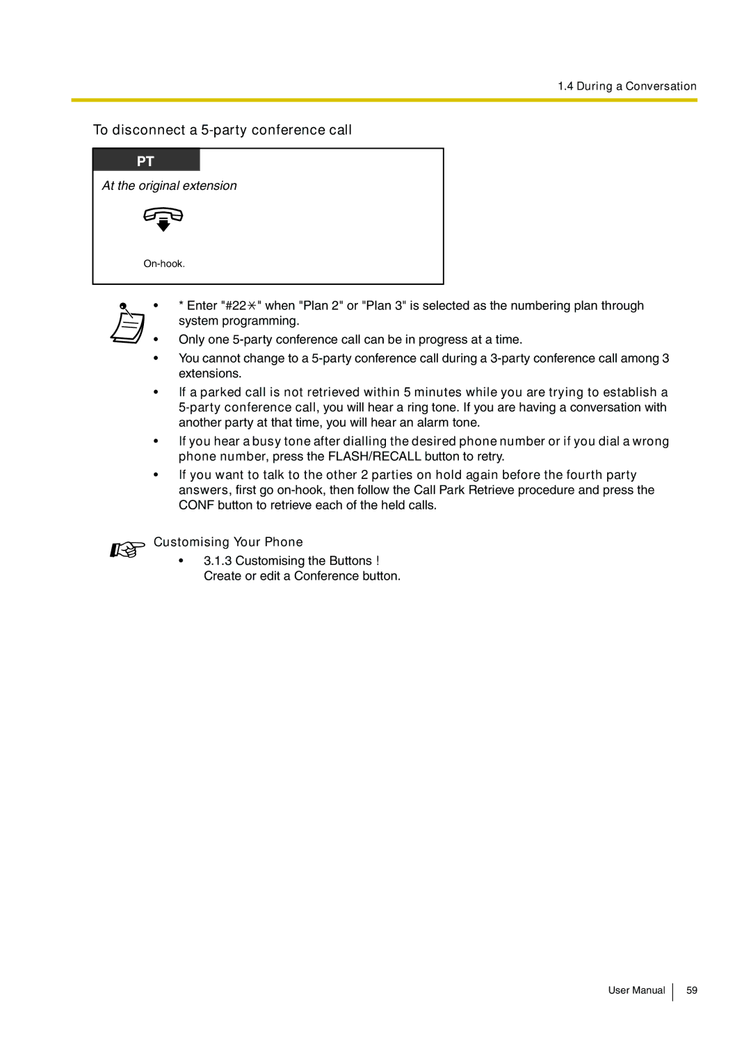 Panasonic KX-TEB308 user manual To disconnect a 5-party conference call, At the original extension 