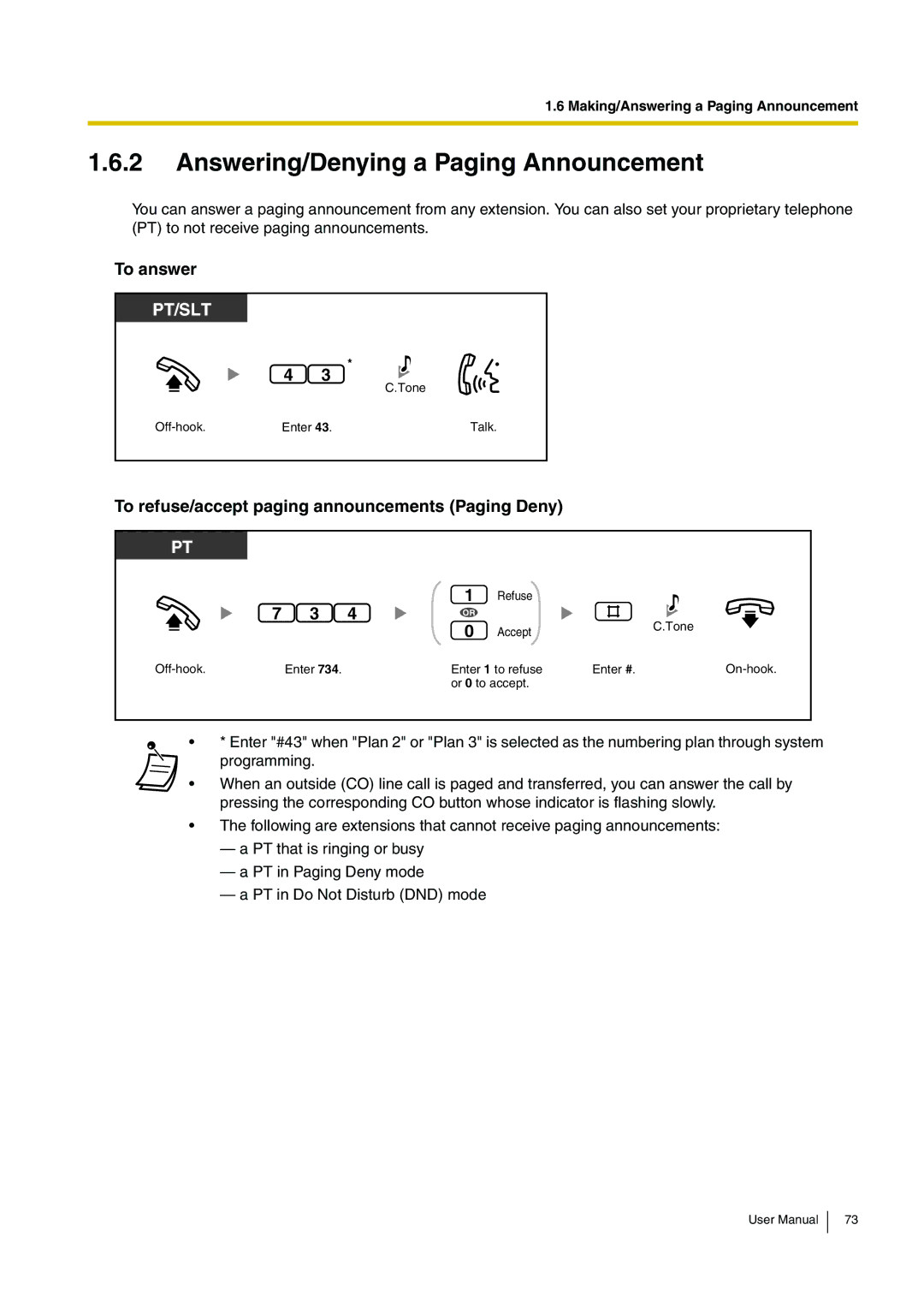 Panasonic KX-TEB308 Answering/Denying a Paging Announcement, To answer, To refuse/accept paging announcements Paging Deny 