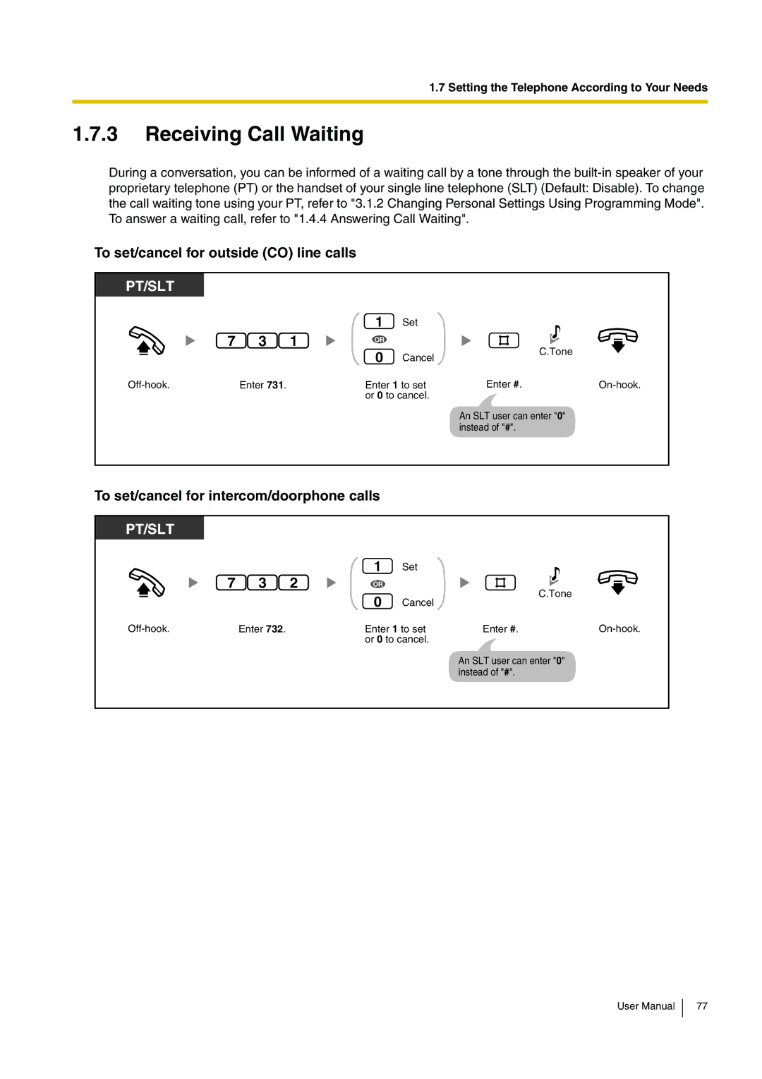 Panasonic KX-TEB308 user manual Receiving Call Waiting, To set/cancel for outside CO line calls 