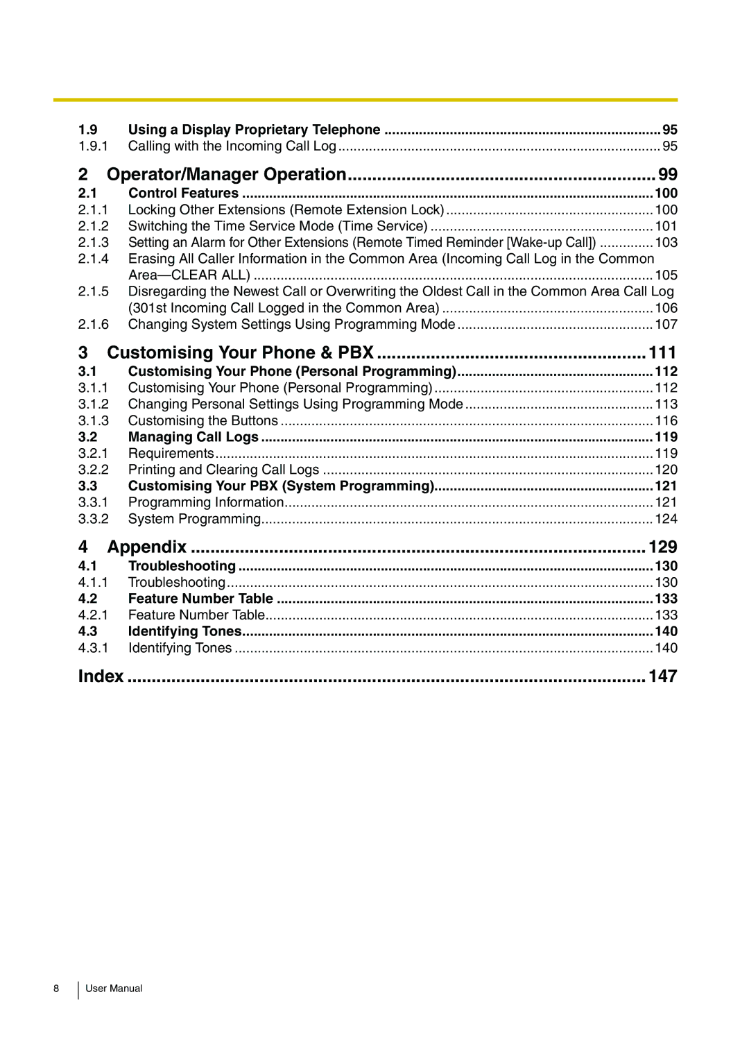 Panasonic KX-TEB308 user manual Control Features 100, 112, Managing Call Logs 119, 121, 130, 133, Identifying Tones 140 