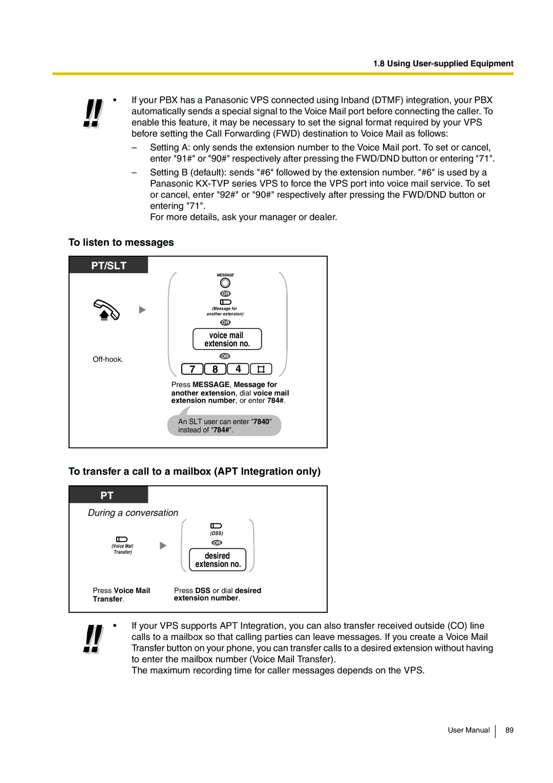 Panasonic KX-TEB308 user manual To listen to messages, To transfer a call to a mailbox APT Integration only 