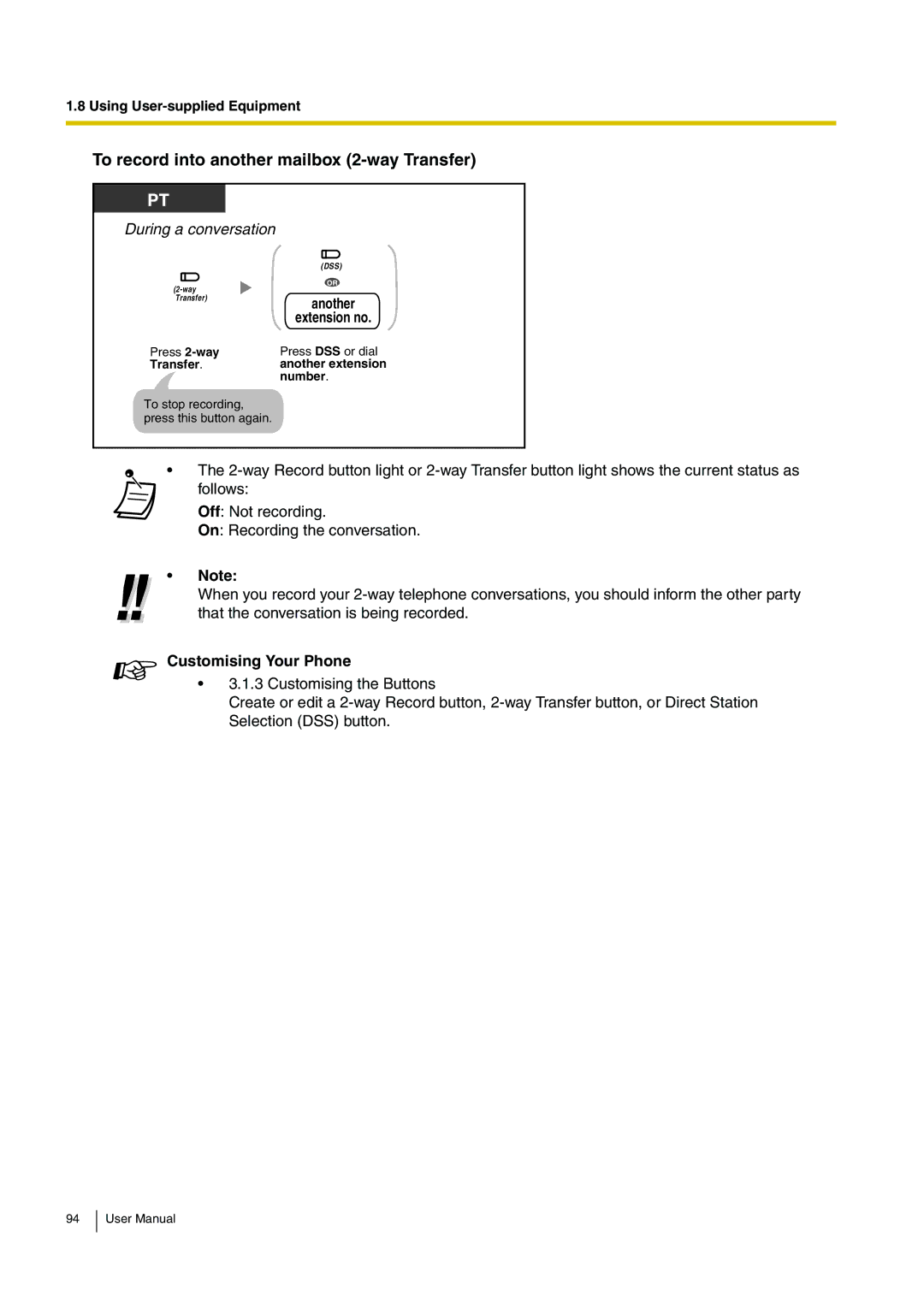 Panasonic KX-TEB308 user manual To record into another mailbox 2-way Transfer 