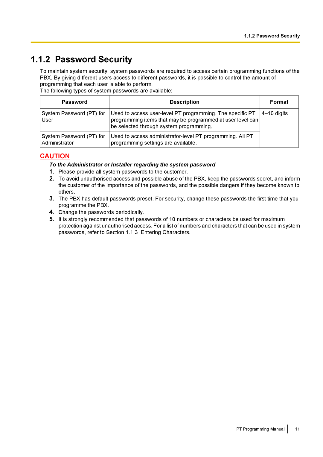 Panasonic KX-TED100 manual Password Security, Description, Format 