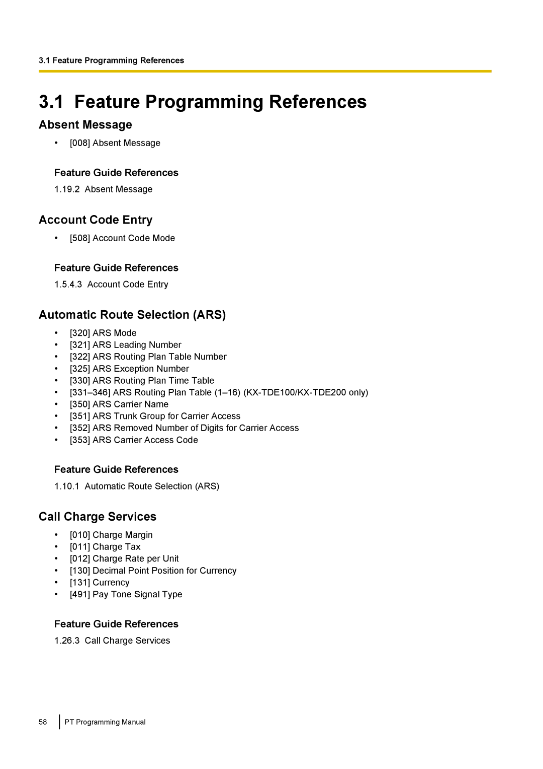 Panasonic KX-TED100 manual Absent Message, Account Code Entry, Automatic Route Selection ARS, Call Charge Services 