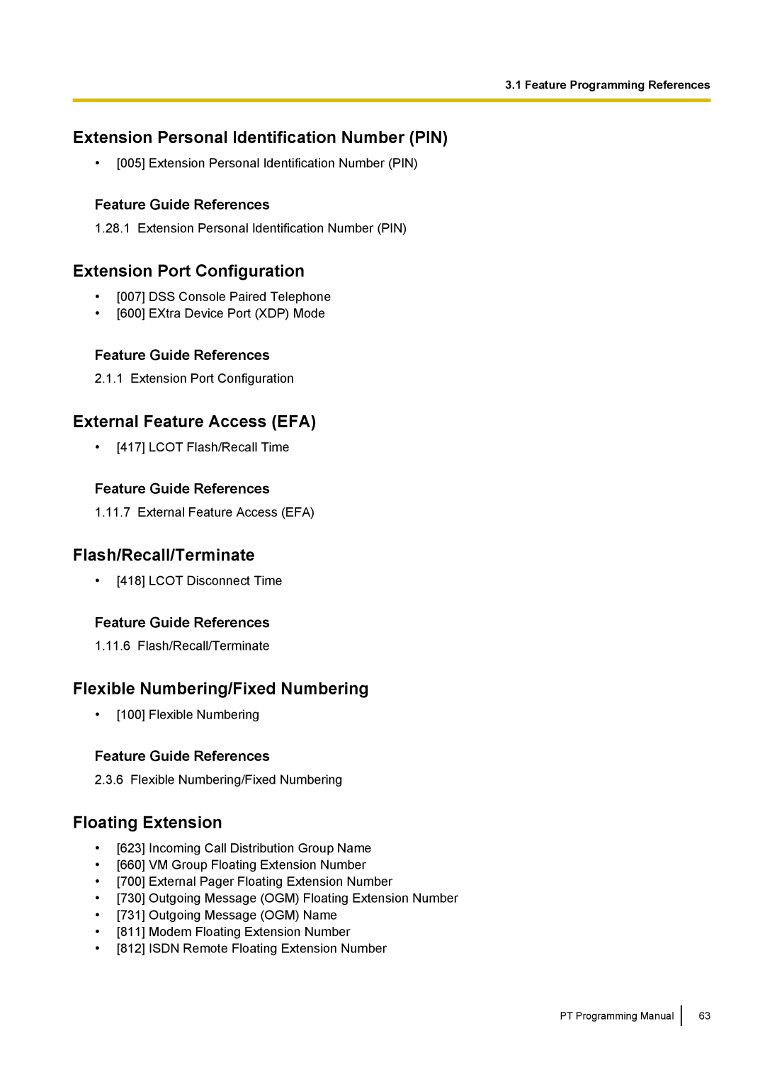 Panasonic KX-TED100 Extension Personal Identification Number PIN, Extension Port Configuration, Flash/Recall/Terminate 