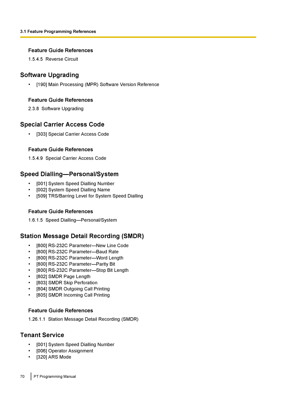 Panasonic KX-TED100 manual Software Upgrading, Special Carrier Access Code, Speed Dialling-Personal/System, Tenant Service 