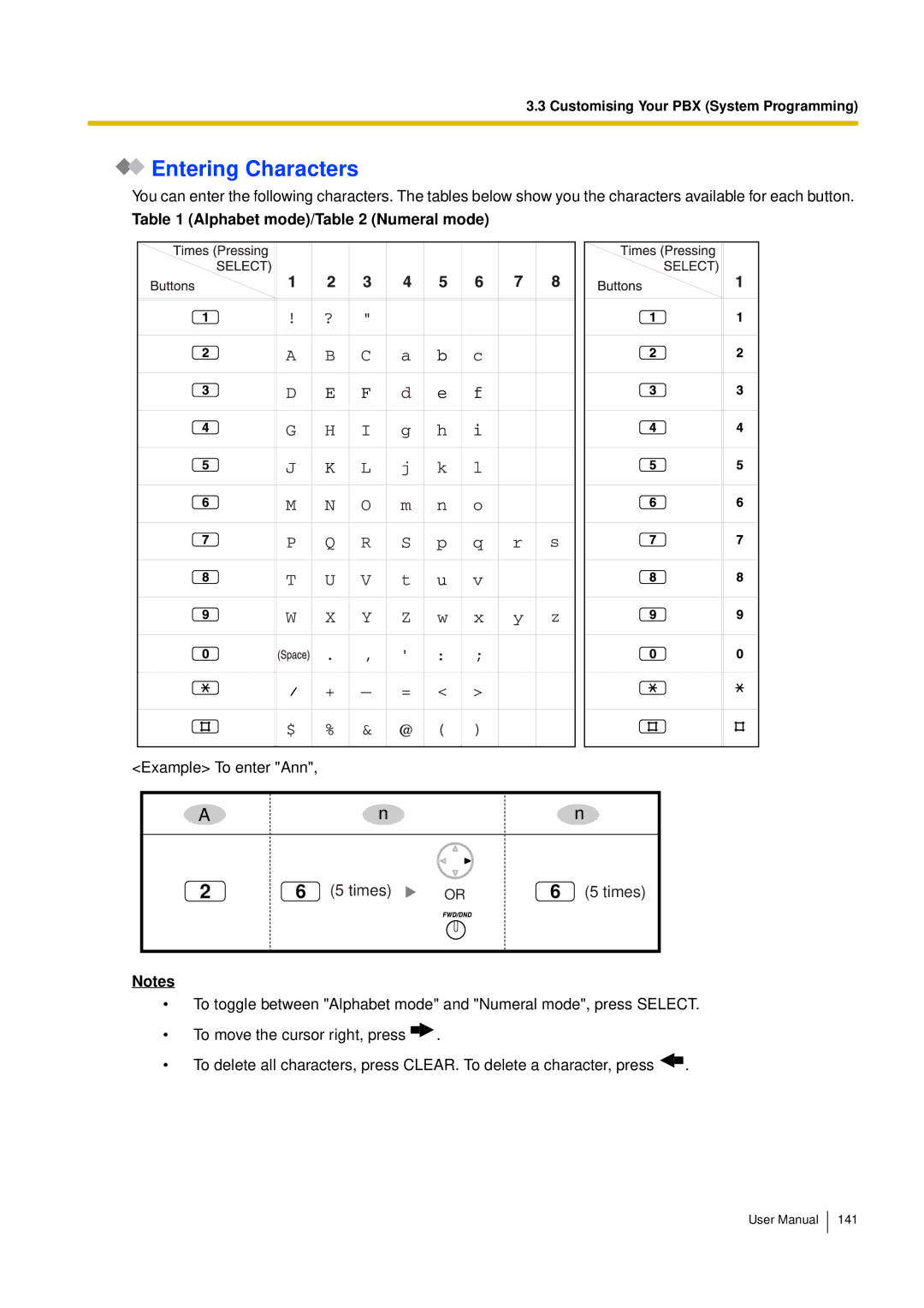 Panasonic KX-TES824, KX-TEM824 user manual Entering Characters, Alphabet mode/ Numeral mode 