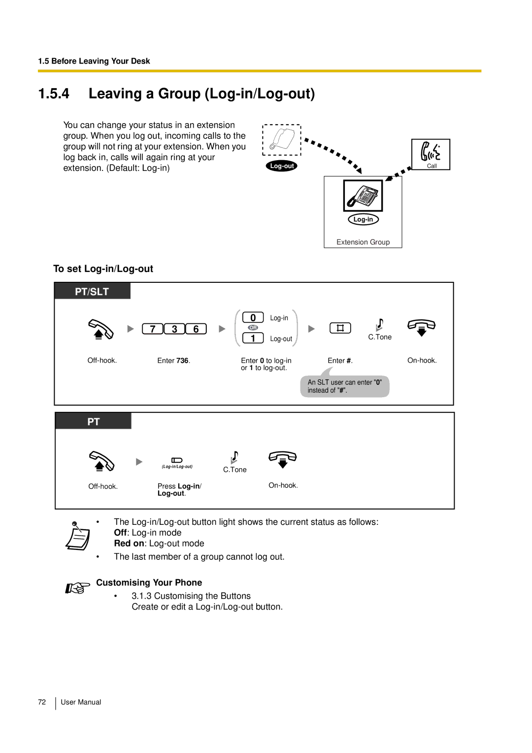 Panasonic KX-TEM824, KX-TES824 user manual Leaving a Group Log-in/Log-out, To set Log-in/Log-out 