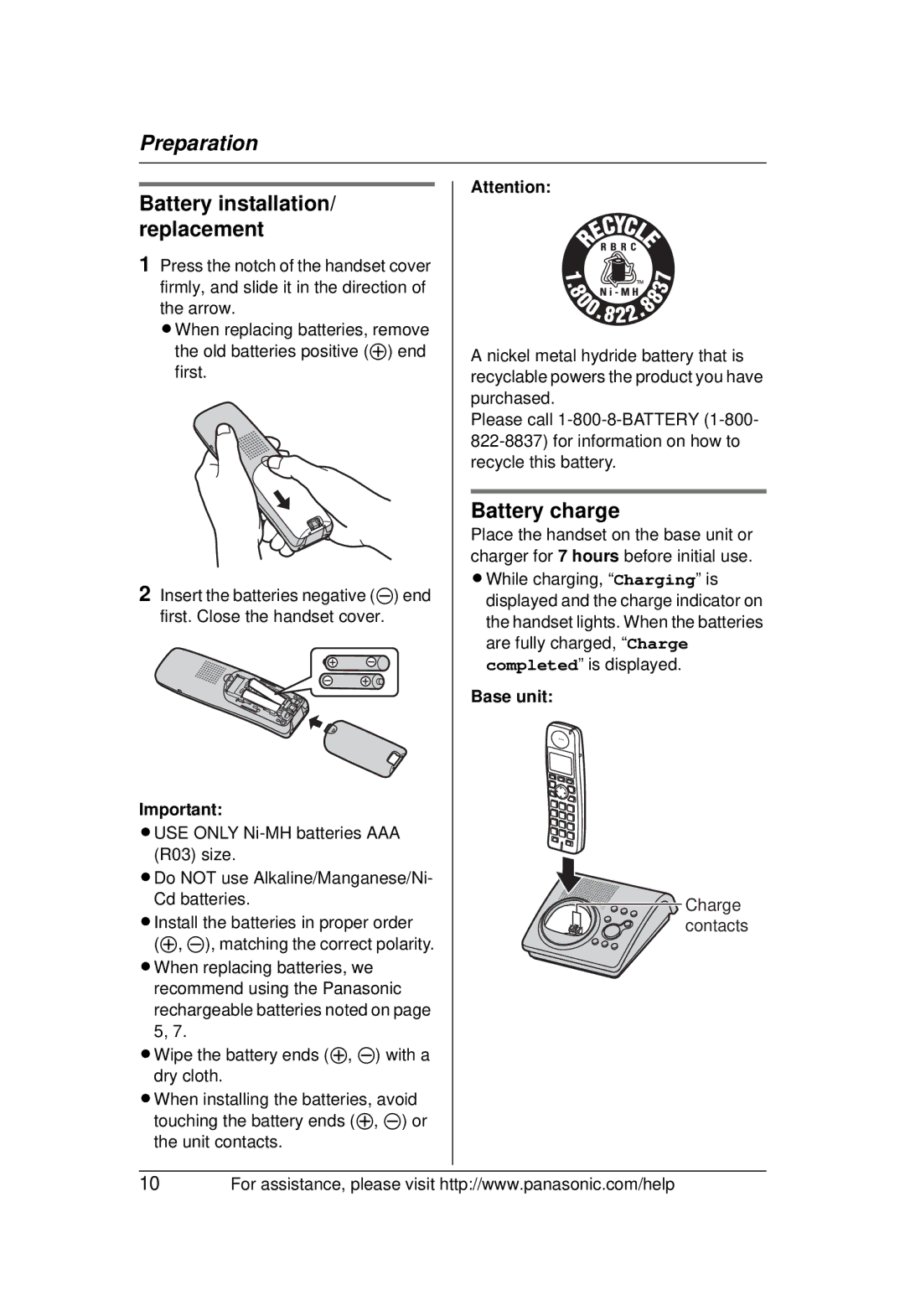 Panasonic KX-TG1031 operating instructions Battery installation/ replacement, Battery charge 