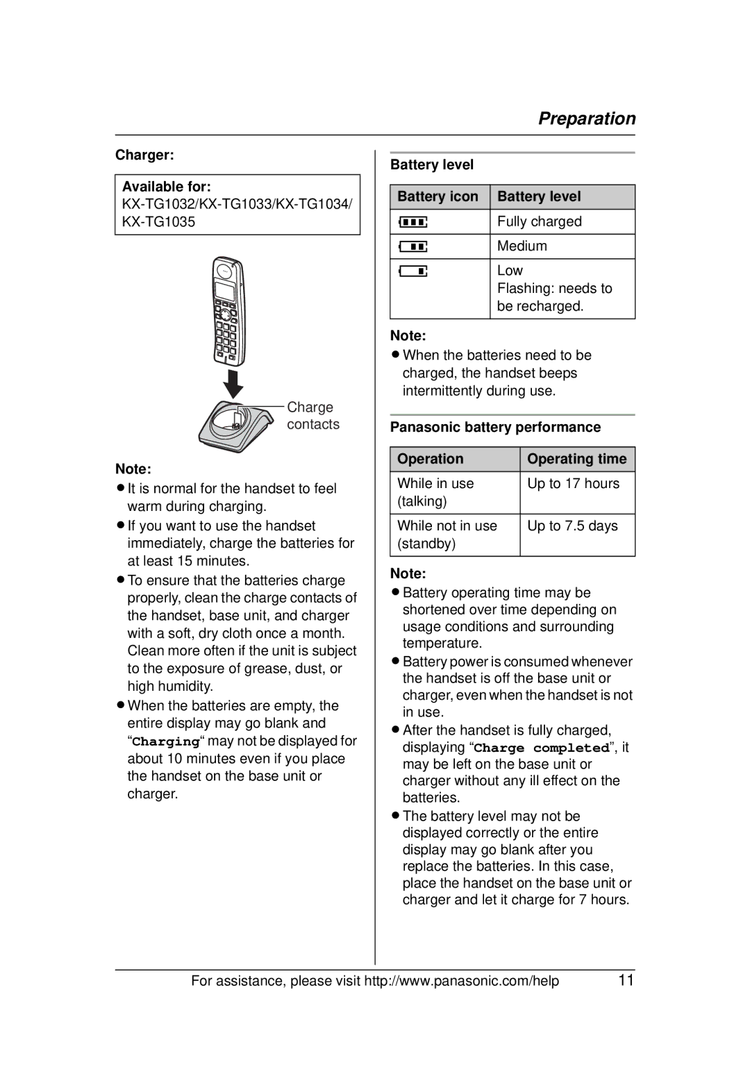 Panasonic KX-TG1031 operating instructions Charger, Battery level Battery icon Battery level 