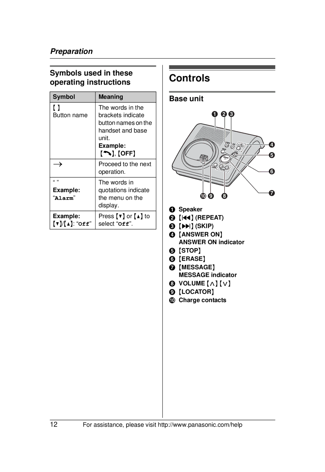 Panasonic KX-TG1031 Controls, Symbols used in these operating instructions, Base unit, Alarm 