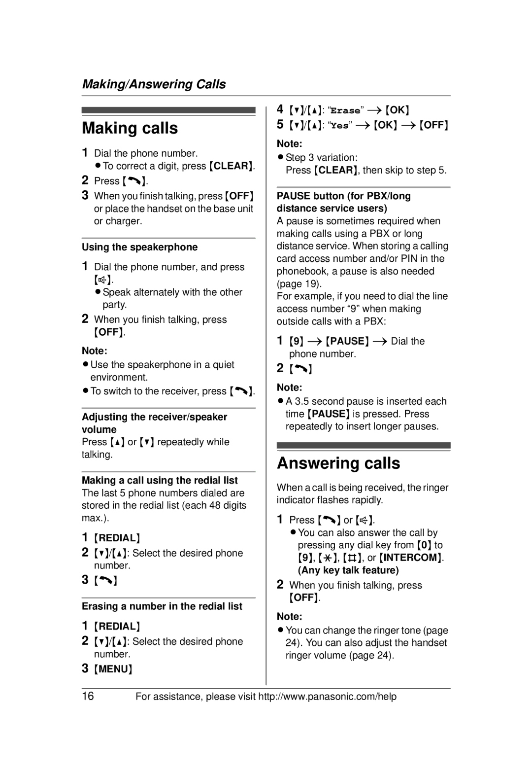 Panasonic KX-TG1031 operating instructions Making calls, Answering calls 