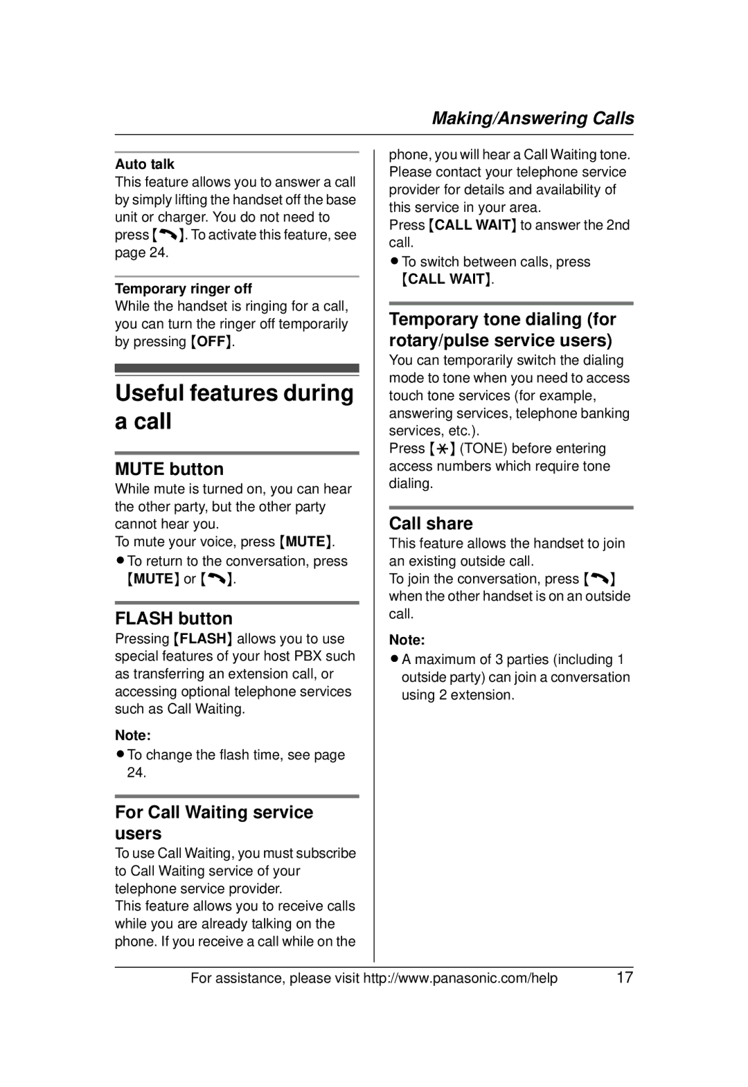 Panasonic KX-TG1031 operating instructions Useful features during a call 