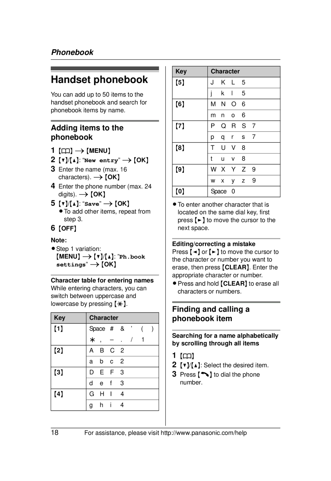 Panasonic KX-TG1031 Handset phonebook, Adding items to the phonebook, Finding and calling a phonebook item, Off 