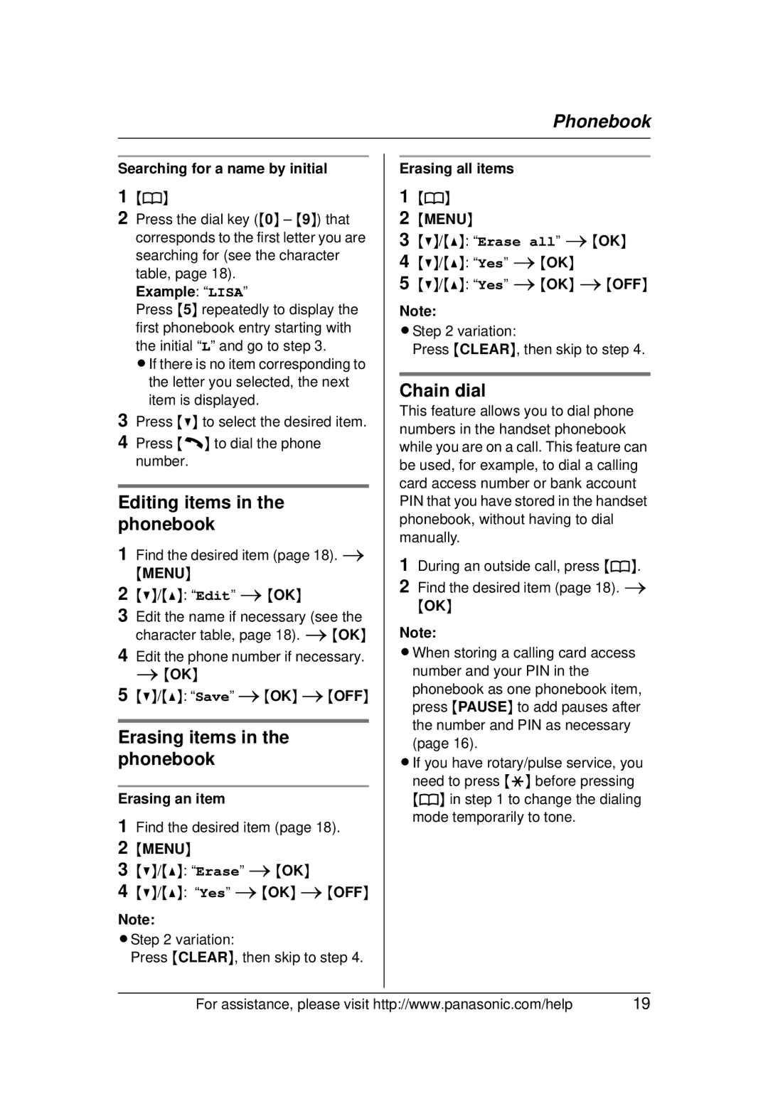 Panasonic KX-TG1031 operating instructions Editing items in the phonebook, Erasing items in the phonebook, Chain dial 