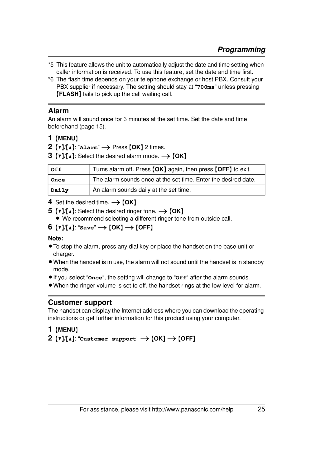 Panasonic KX-TG1031 operating instructions Alarm, Customer support, Once, Daily 