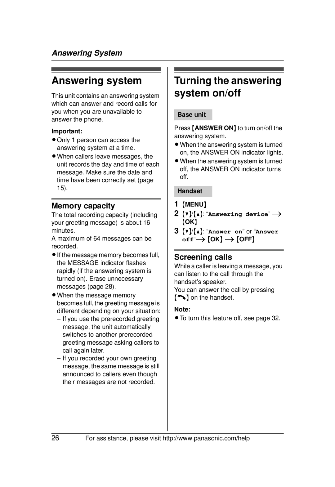 Panasonic KX-TG1031 Answering system, Turning the answering system on/off, Memory capacity, Screening calls, Handset Menu 