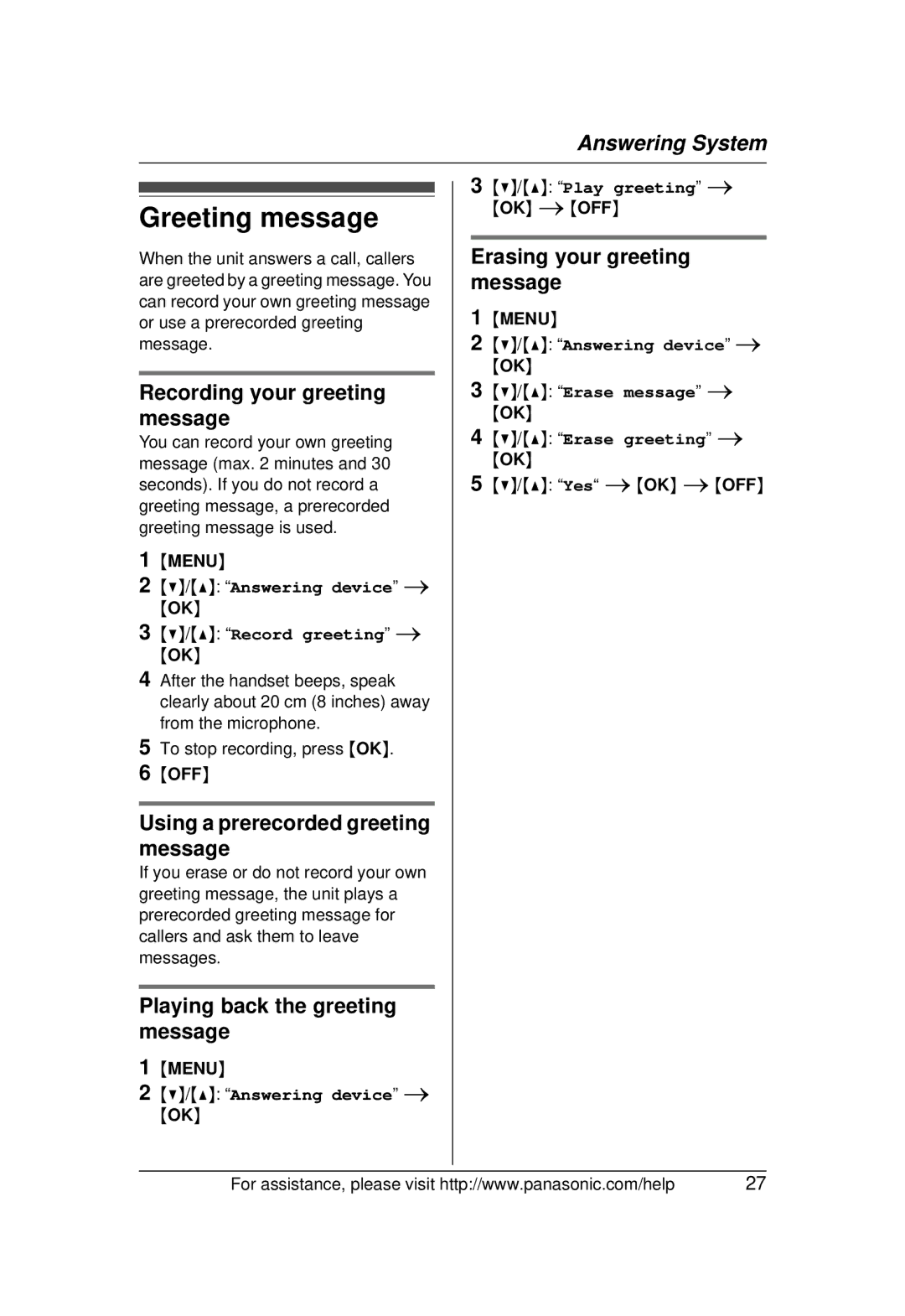 Panasonic KX-TG1031 Greeting message, Recording your greeting message, Using a prerecorded greeting message 