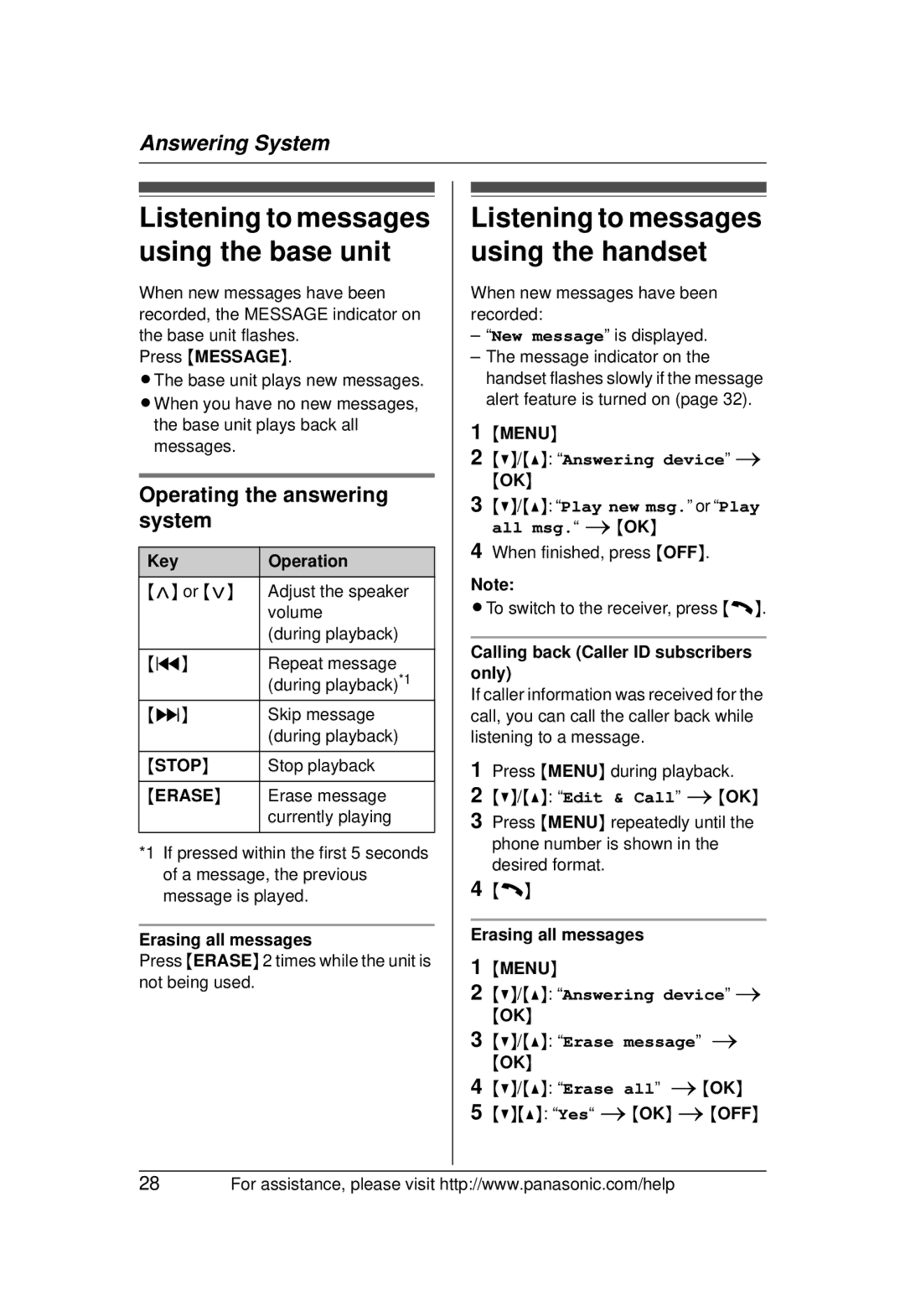 Panasonic KX-TG1031 Listening to messages using the base unit, Listening to messages using the handset 