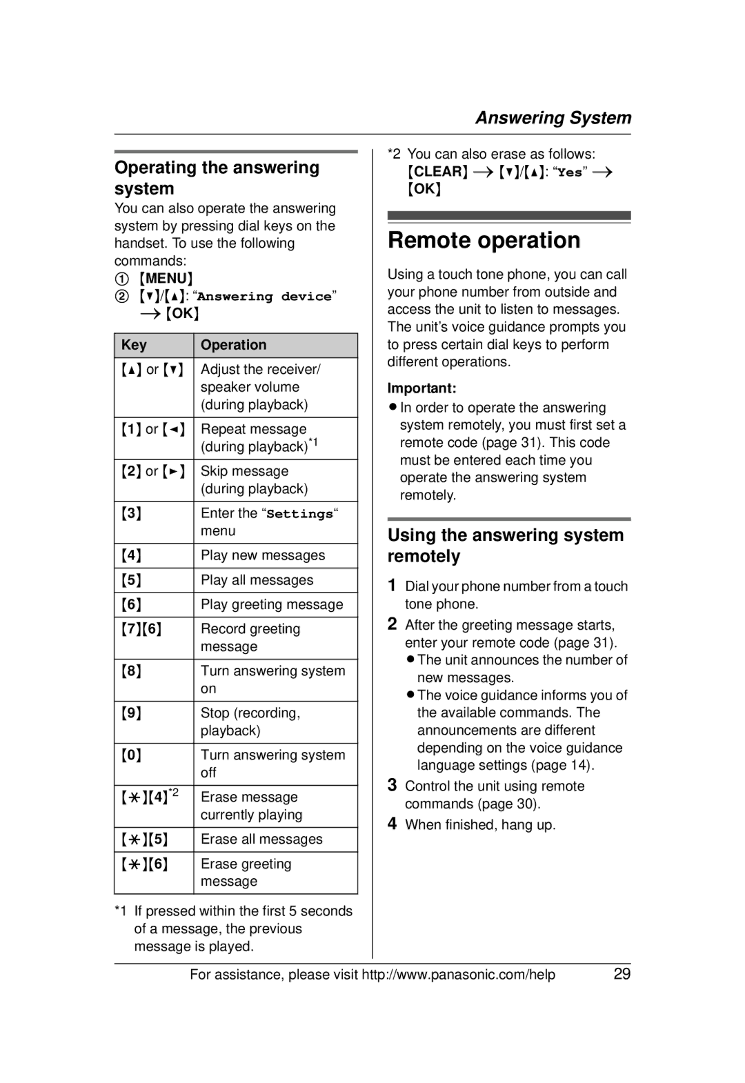 Panasonic KX-TG1031 Remote operation, Operating the answering, System, Using the answering system, Remotely 