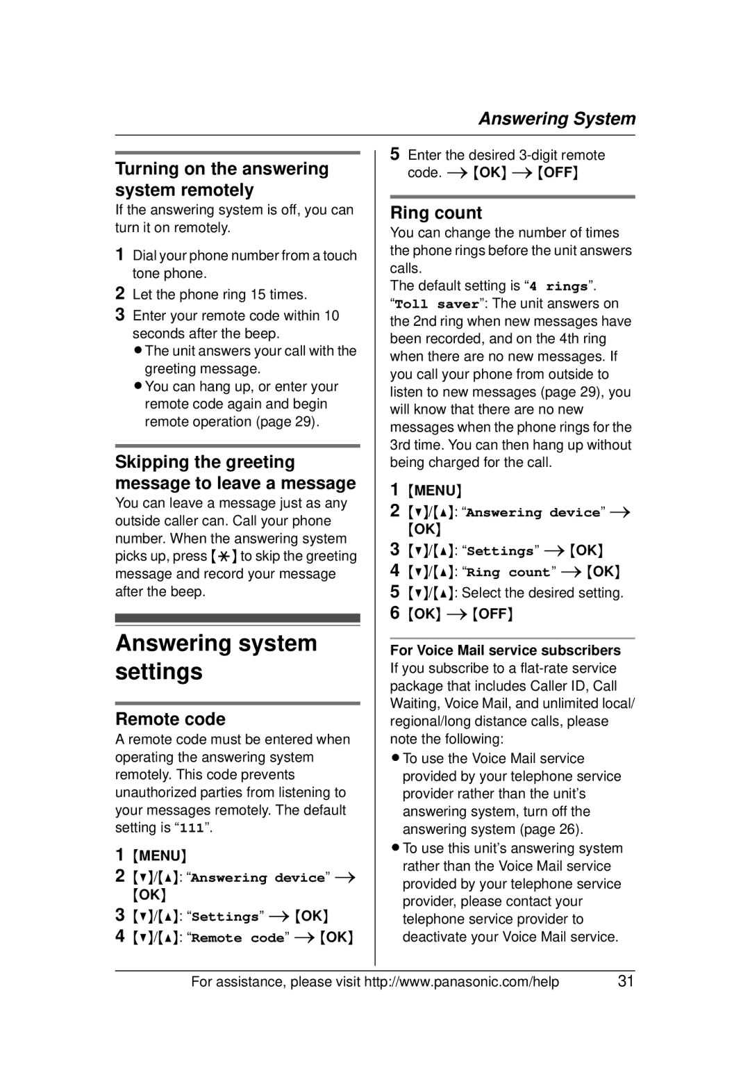 Panasonic KX-TG1031 Answering system settings, Turning on the answering system remotely, Remote code, Ring count 