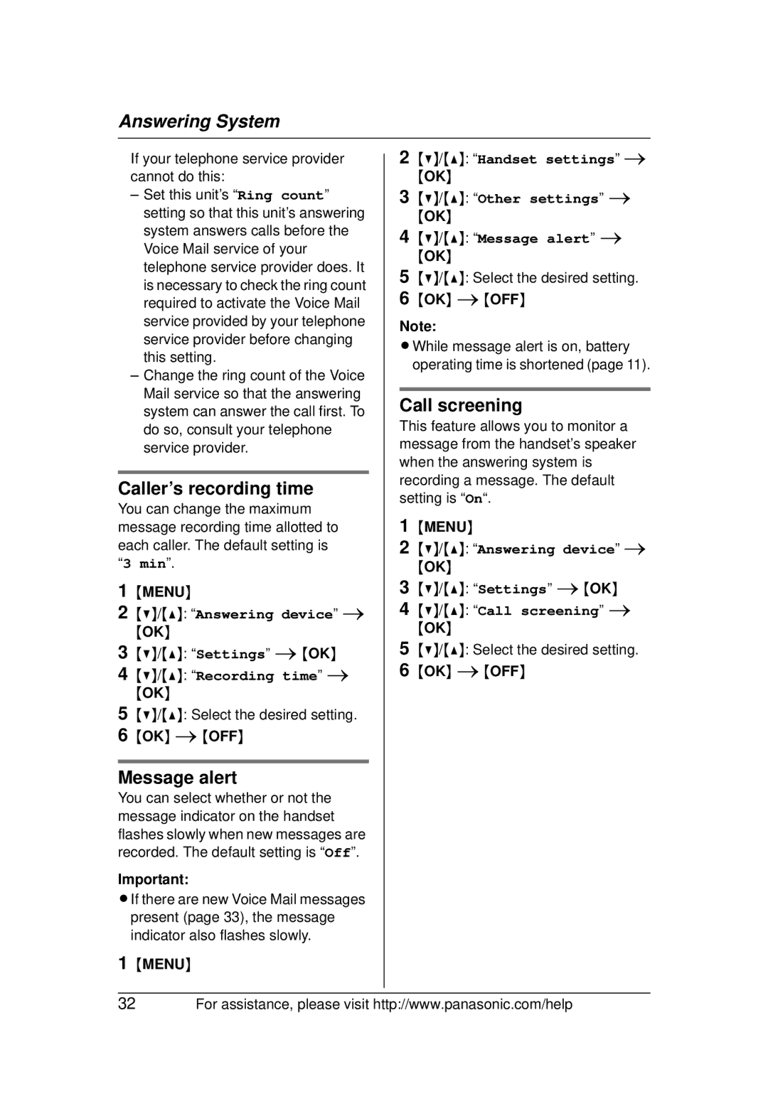 Panasonic KX-TG1031 operating instructions Caller’s recording time, Message alert, Call screening, Handset settings i OK 