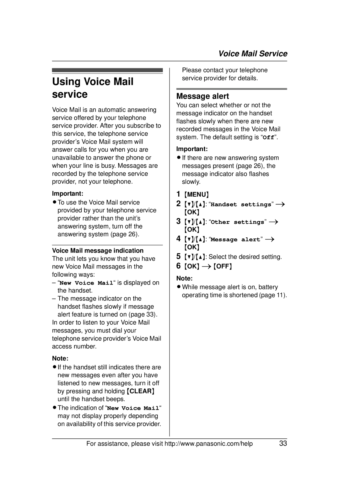 Panasonic KX-TG1031 operating instructions Using Voice Mail service 