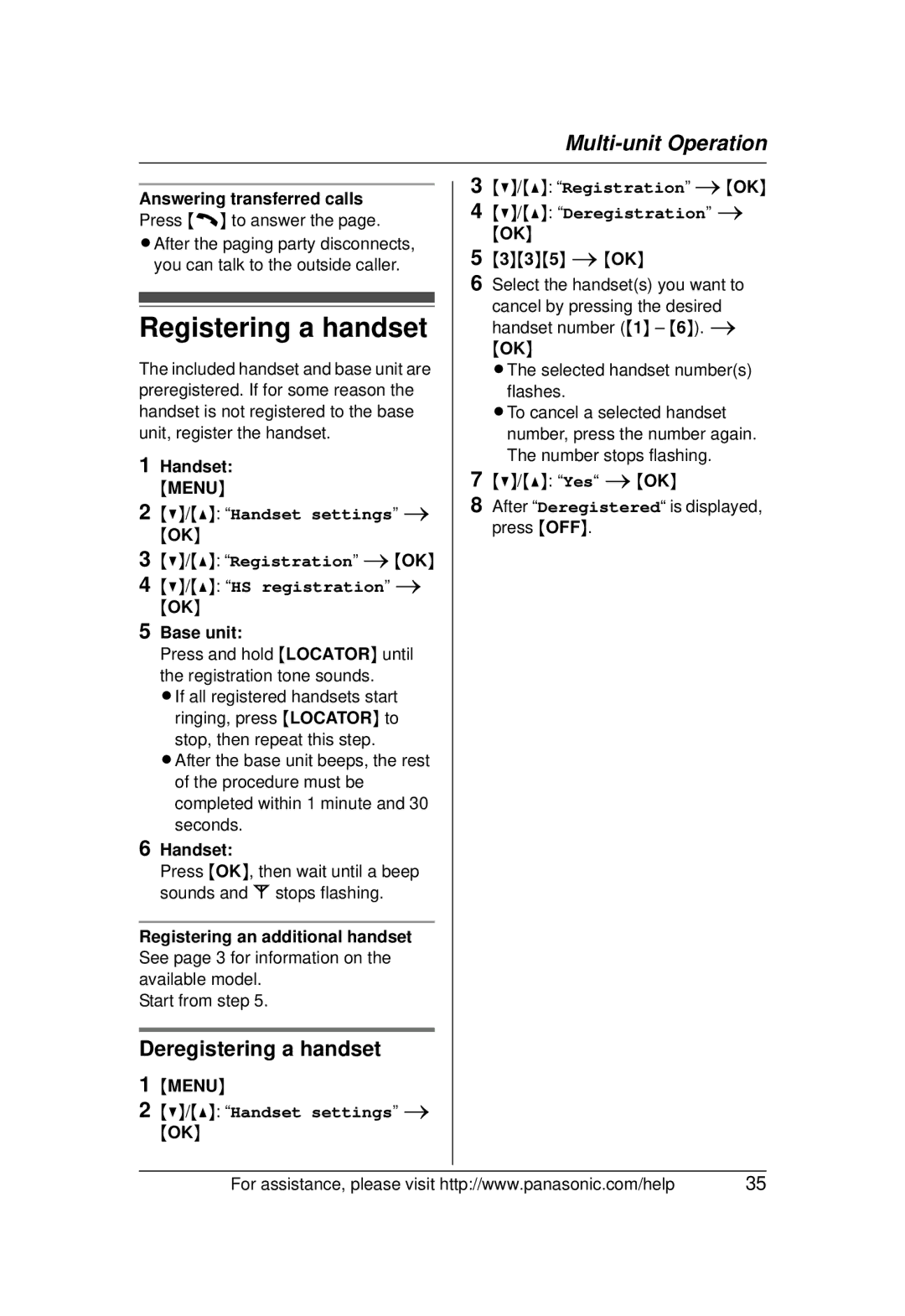 Panasonic KX-TG1031 Registering a handset, Deregistering a handset, Answering transferred calls Press C to answer 