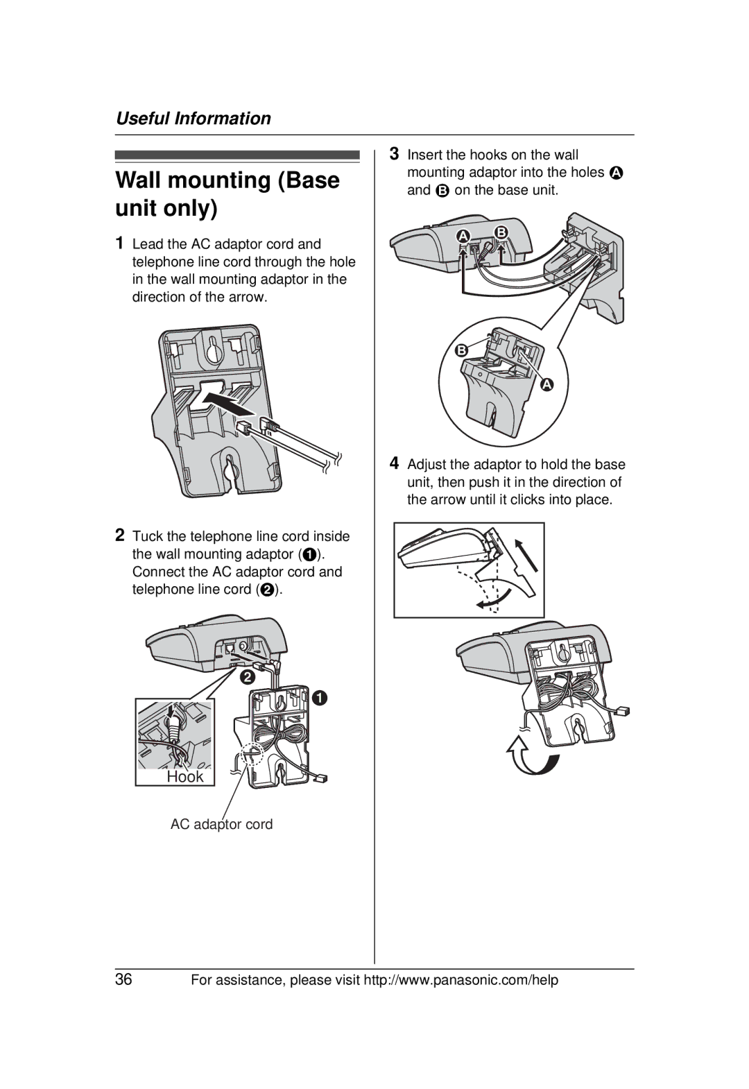 Panasonic KX-TG1031 operating instructions Wall mounting Base unit only 