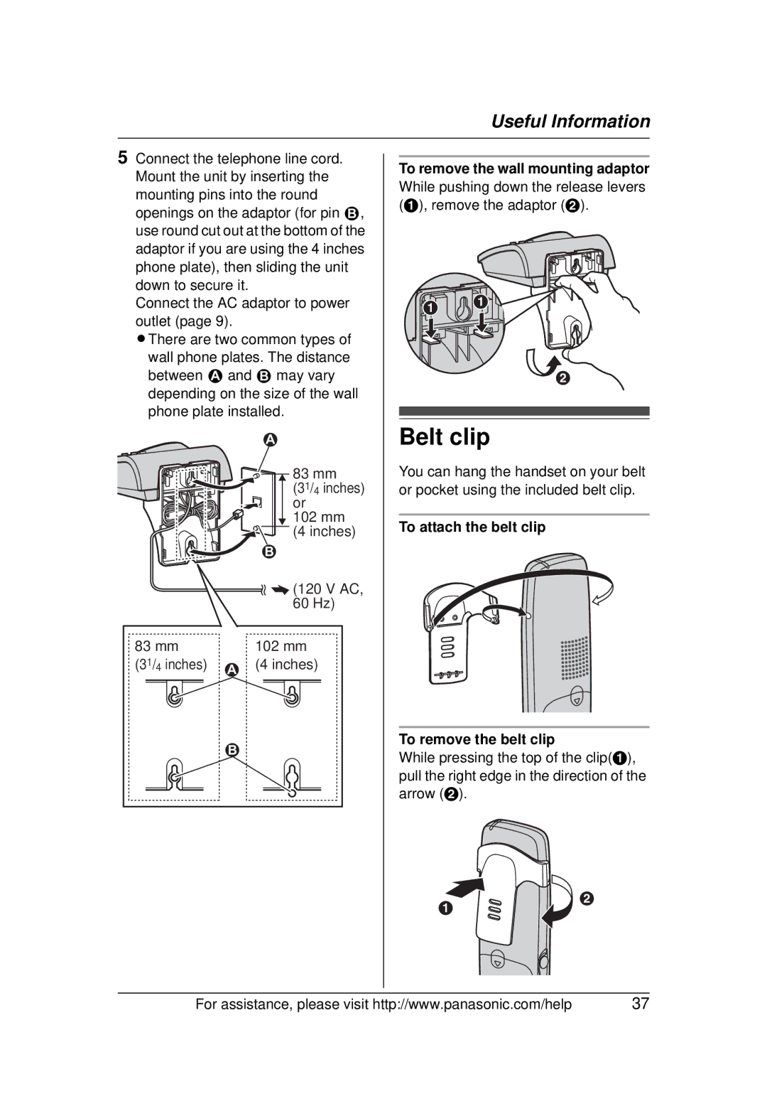 Panasonic KX-TG1031 operating instructions Belt clip, To attach the belt clip To remove the belt clip 