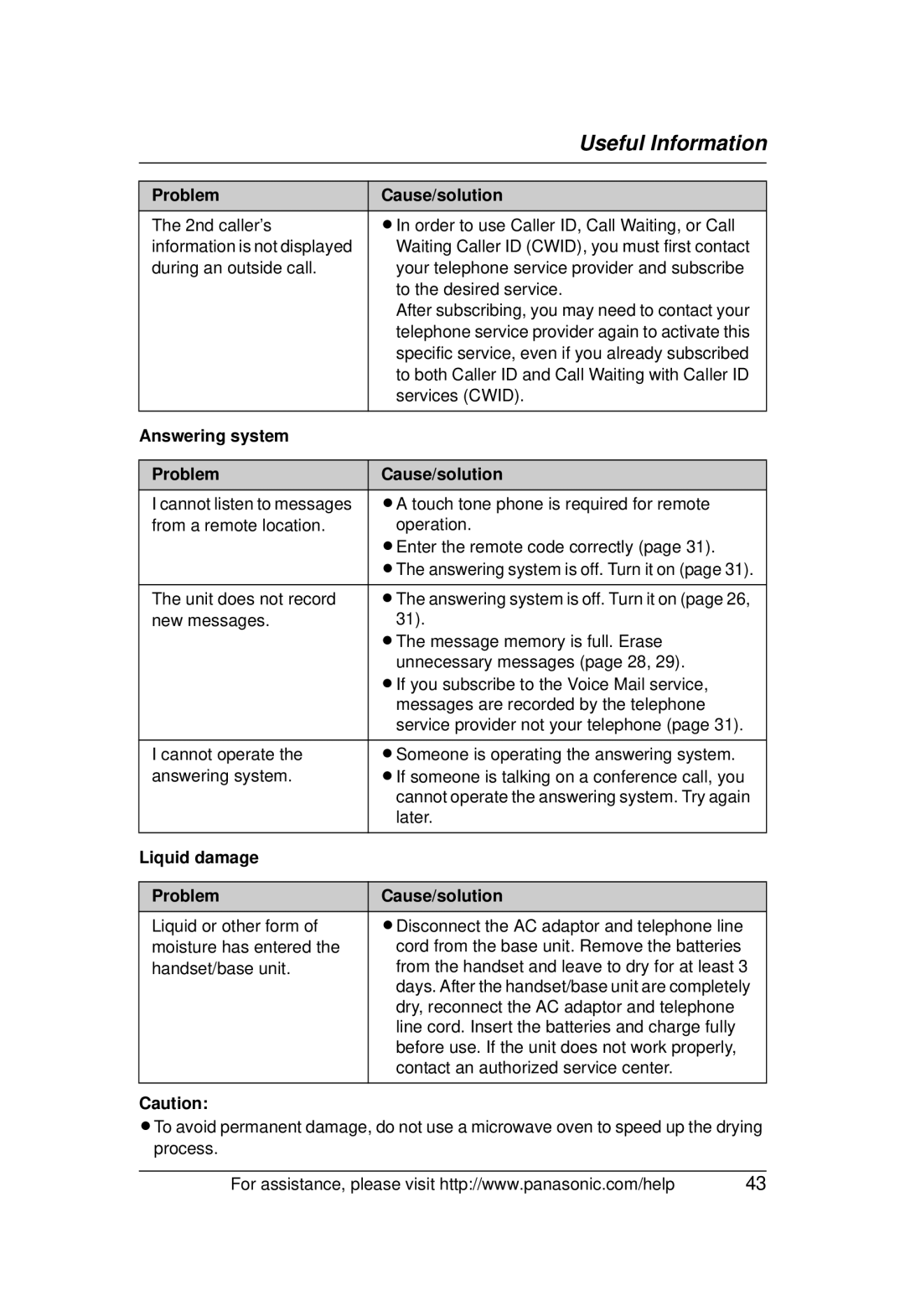 Panasonic KX-TG1031 operating instructions Answering system Problem Cause/solution, Liquid damage Problem Cause/solution 