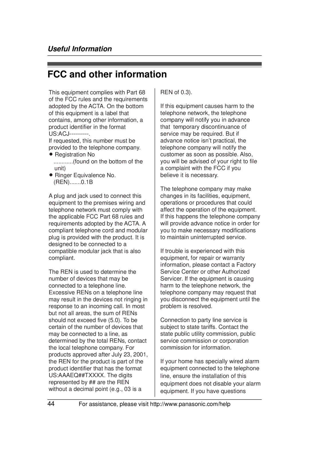 Panasonic KX-TG1031 operating instructions FCC and other information 