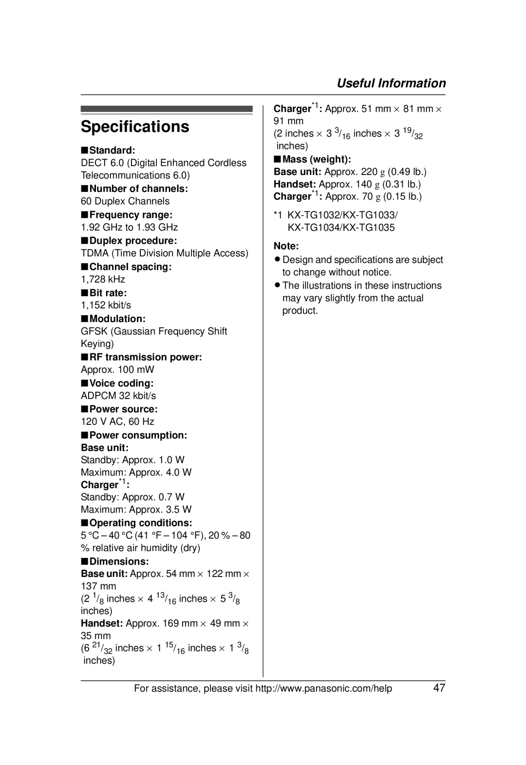 Panasonic KX-TG1031 operating instructions Specifications 