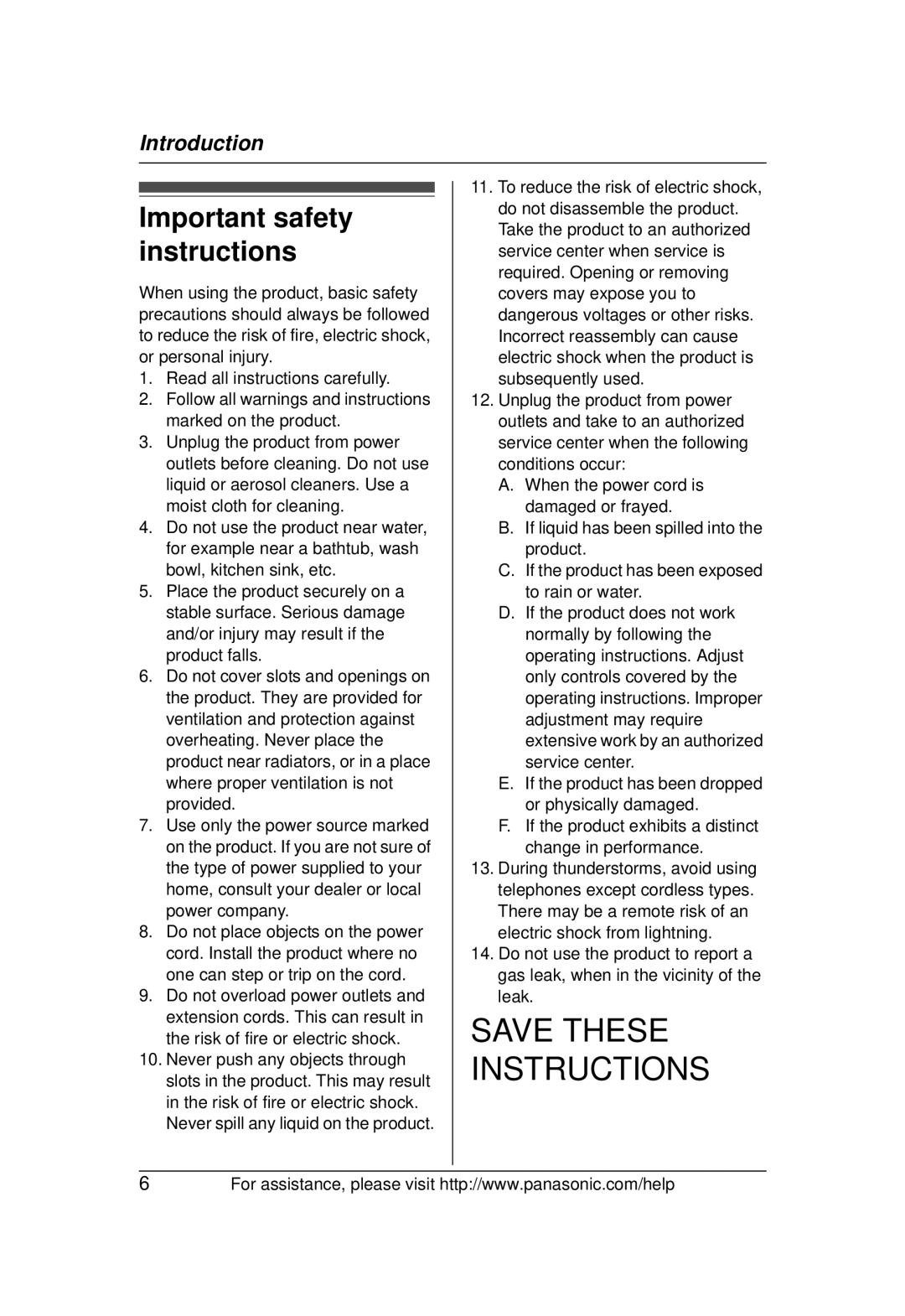 Panasonic KX-TG1031 operating instructions Important safety instructions 