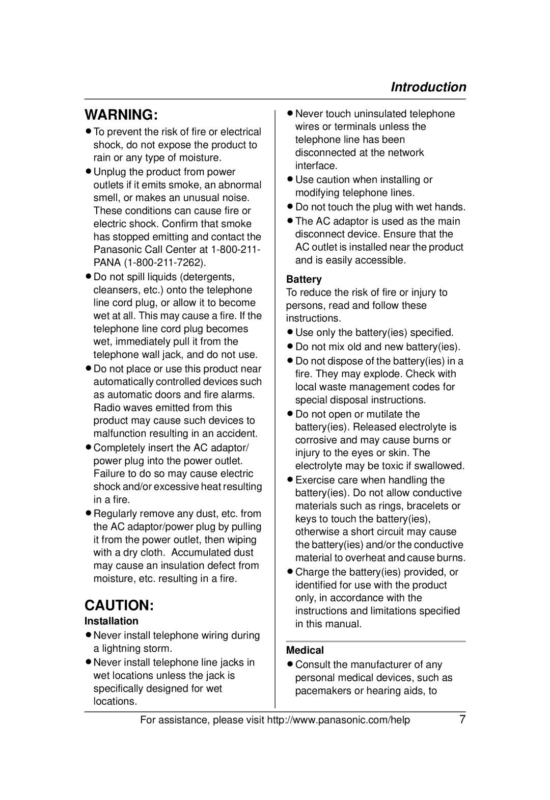 Panasonic KX-TG1031 operating instructions Installation, Battery, Medical 