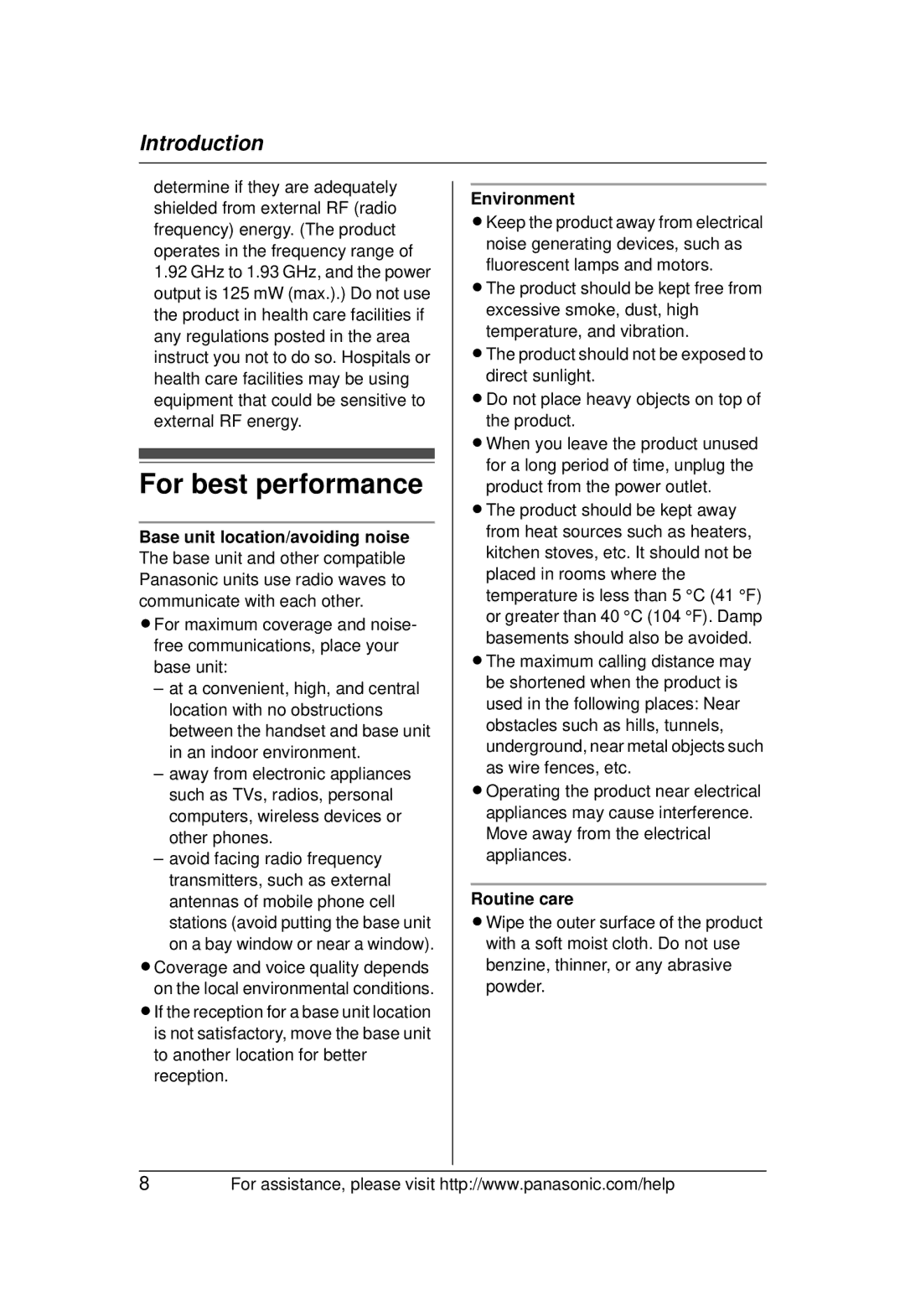 Panasonic KX-TG1031 operating instructions For best performance, Environment, Routine care 