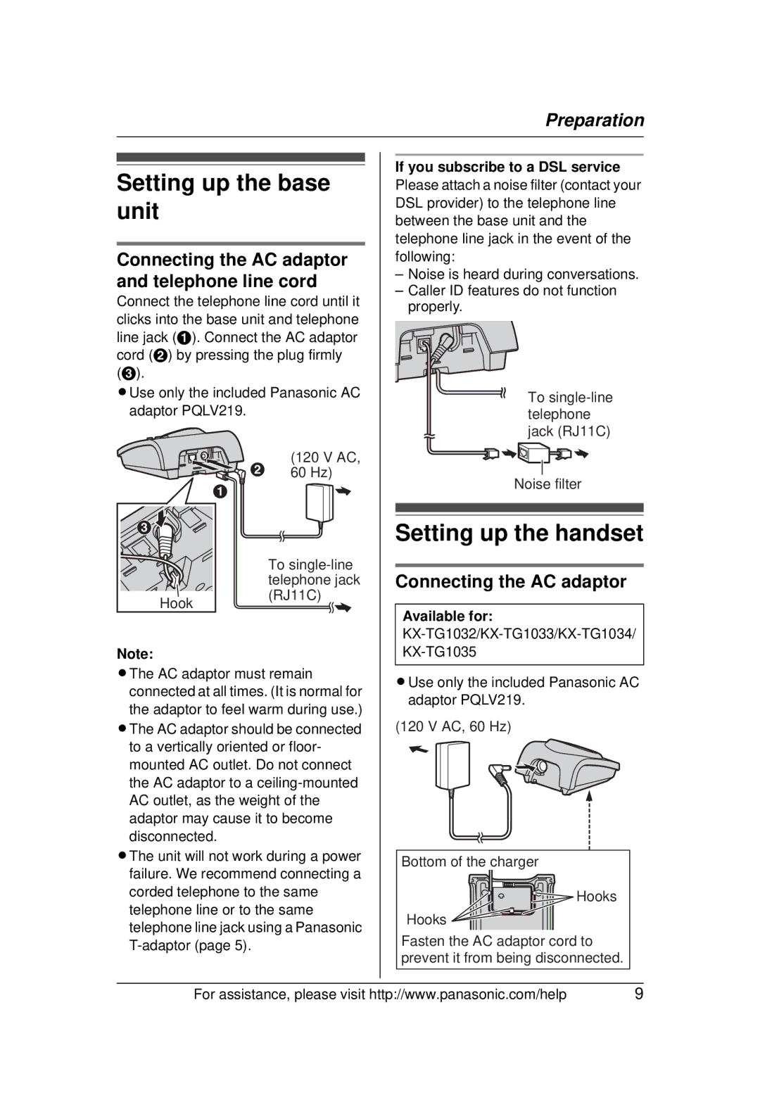 Panasonic KX-TG1031 Setting up the base unit, Setting up the handset, Connecting the AC adaptor and telephone line cord 